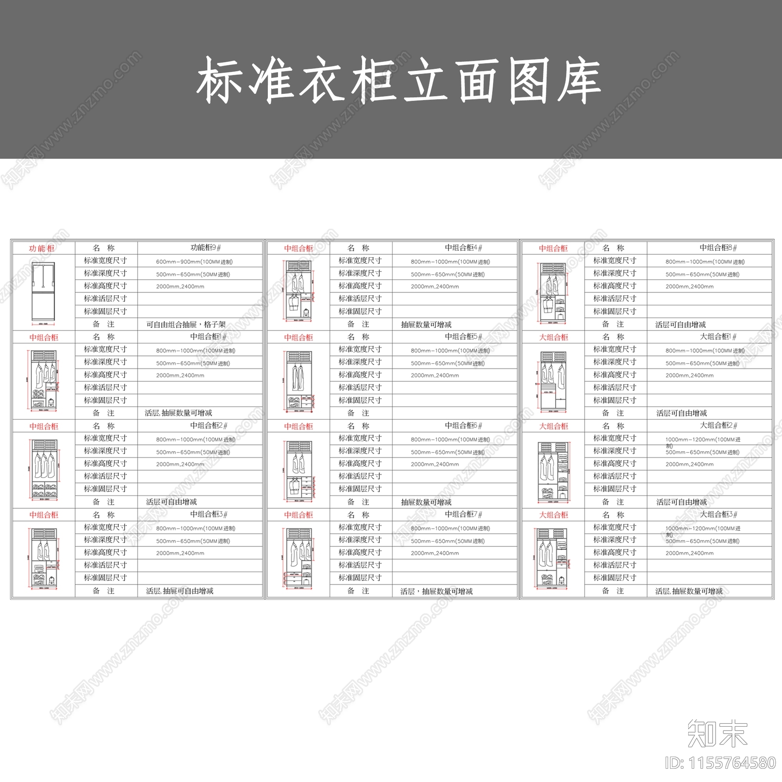 标准衣柜立面图库cad施工图下载【ID:1155764580】