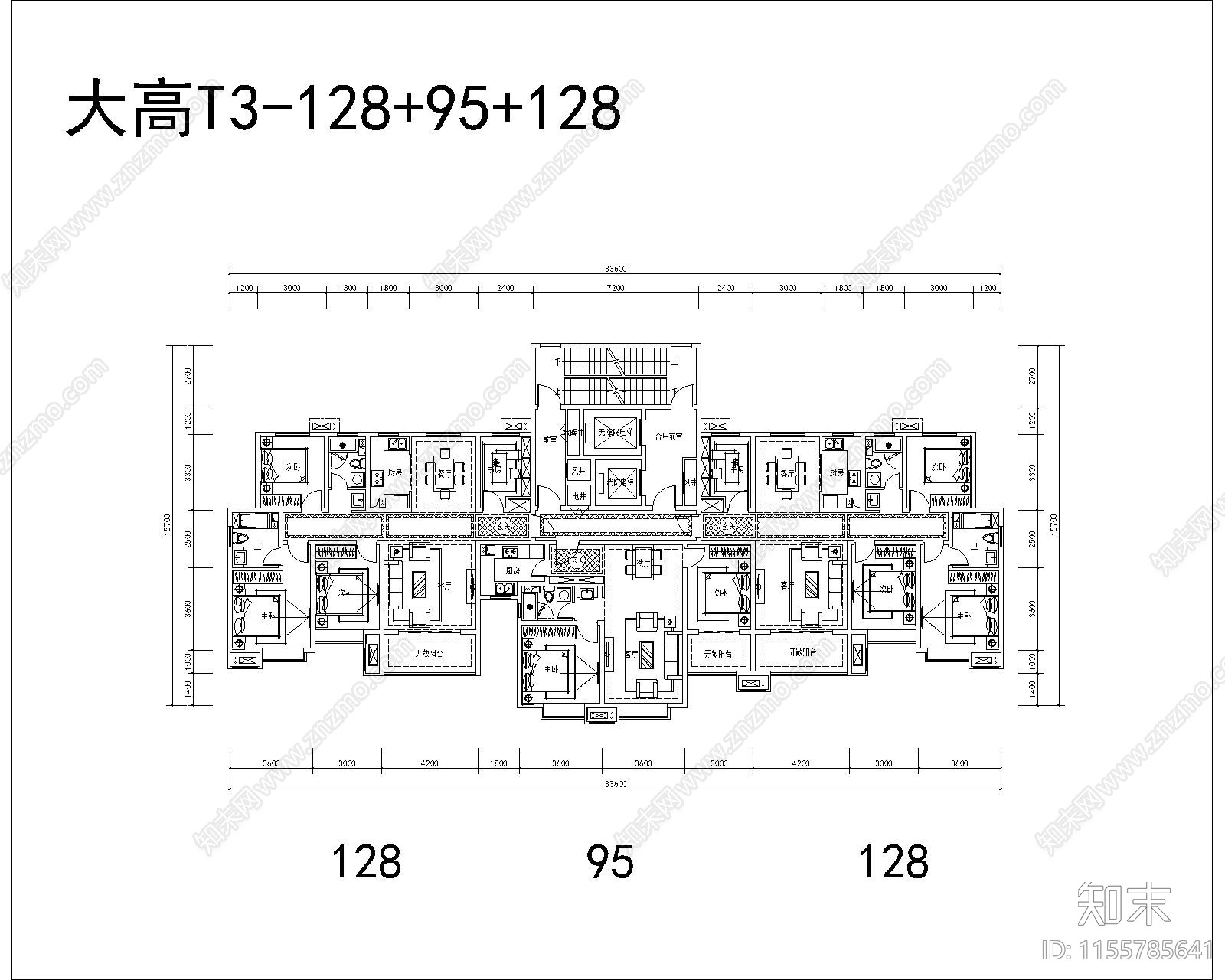 一梯三户一类高层建筑平面施工图下载【ID:1155785641】