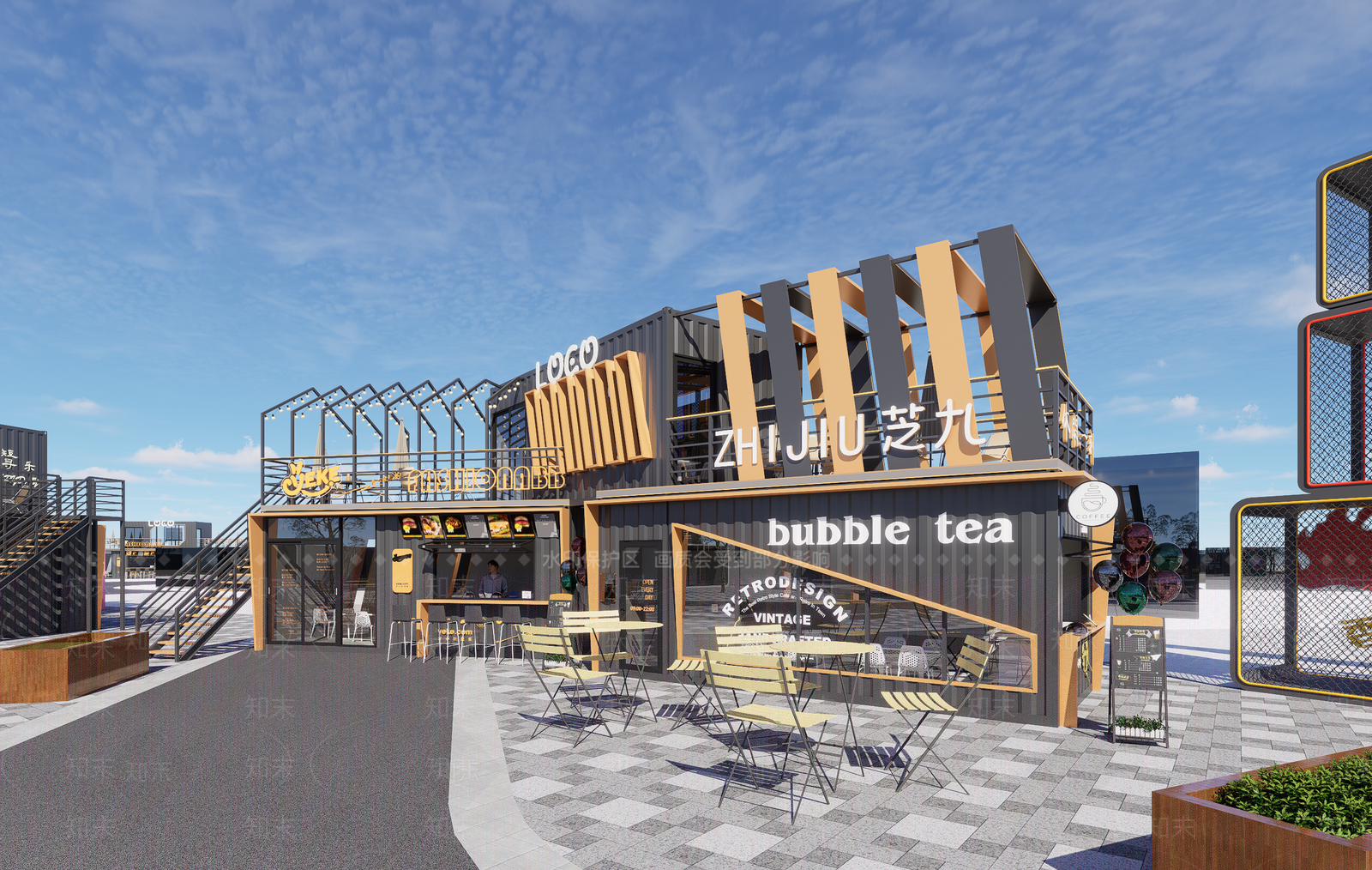 现代网红集装箱餐饮建筑SU模型下载【ID:1155788479】