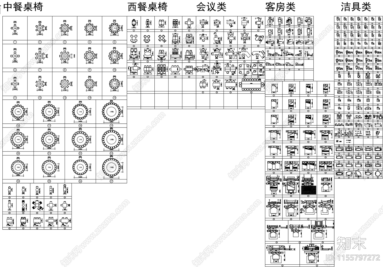 综合家具带尺寸图库施工图下载【ID:1155797272】