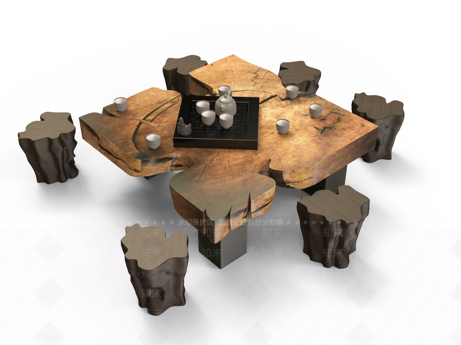 新中式根雕茶几组合SU模型下载【ID:1155799658】