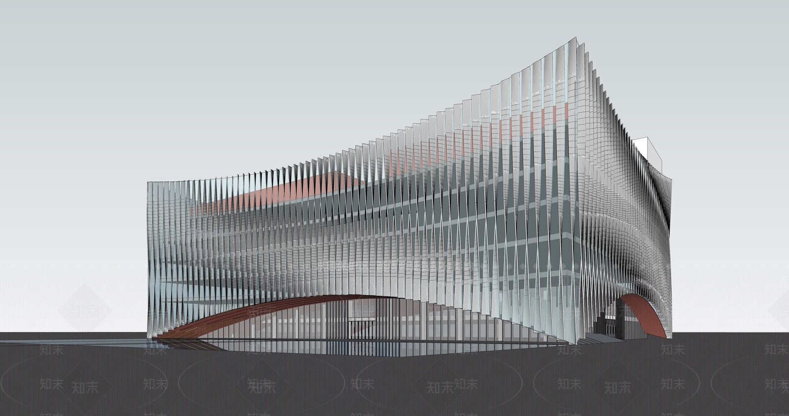 现代风格穿孔铝板6层展览馆建筑SU模型下载【ID:1156190775】