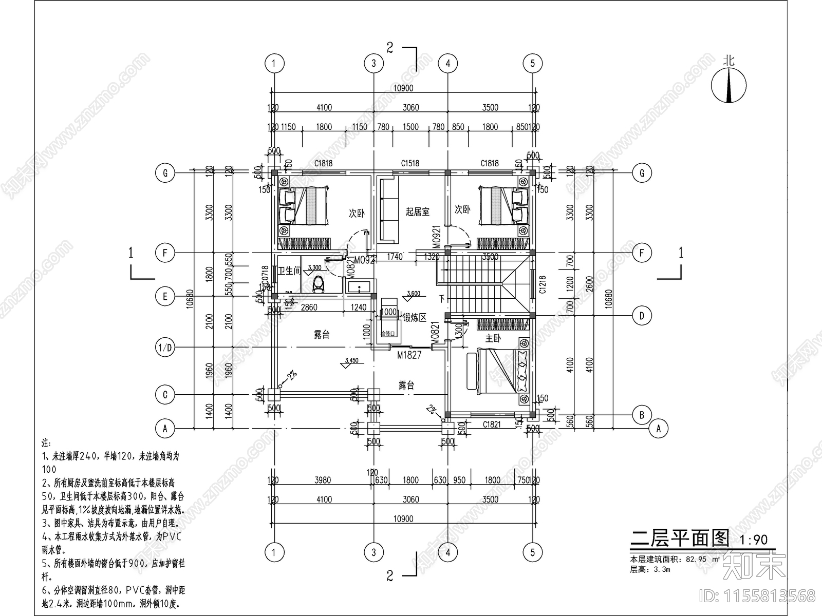 新中式两层独栋别墅建cad施工图下载【ID:1155813568】