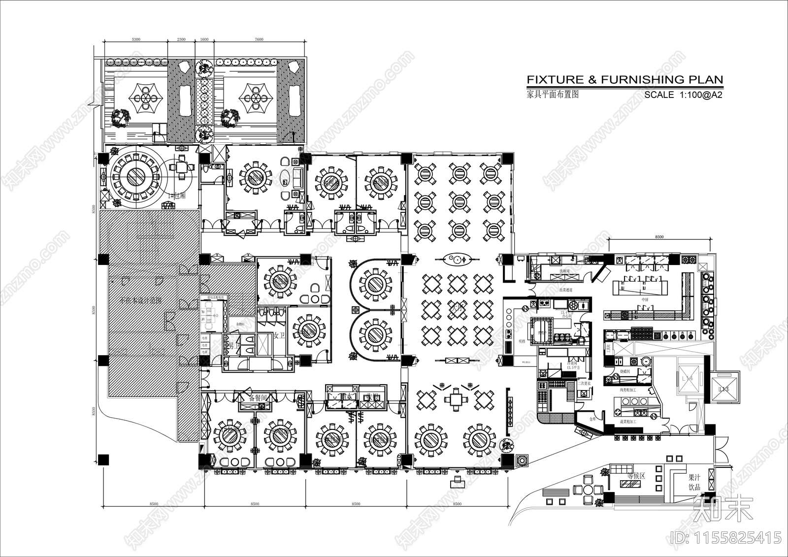 1300㎡特色中式饭店平面布置图cad施工图下载【ID:1155825415】