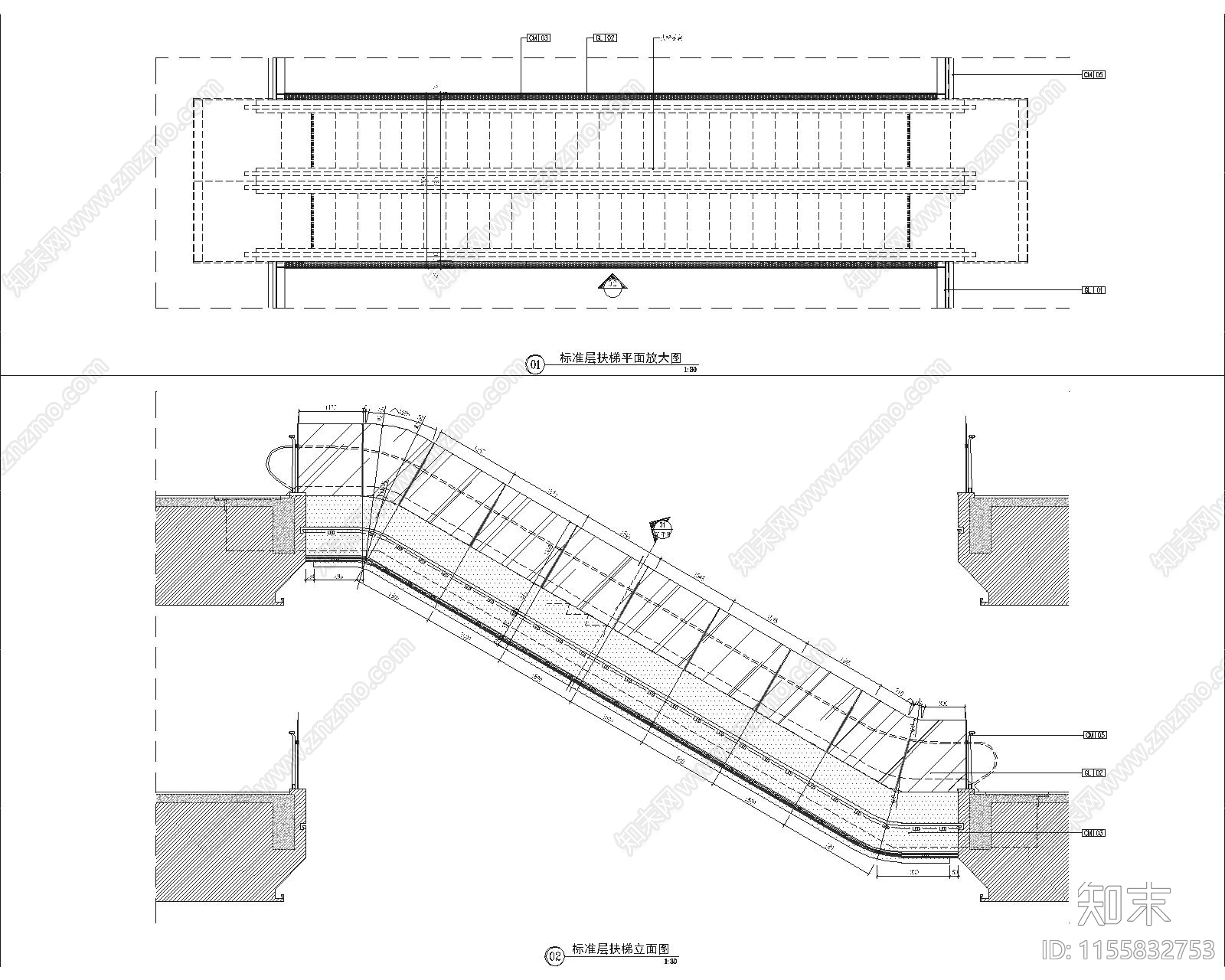商场自动扶梯平面立面节点大样图施工图下载【ID:1155832753】