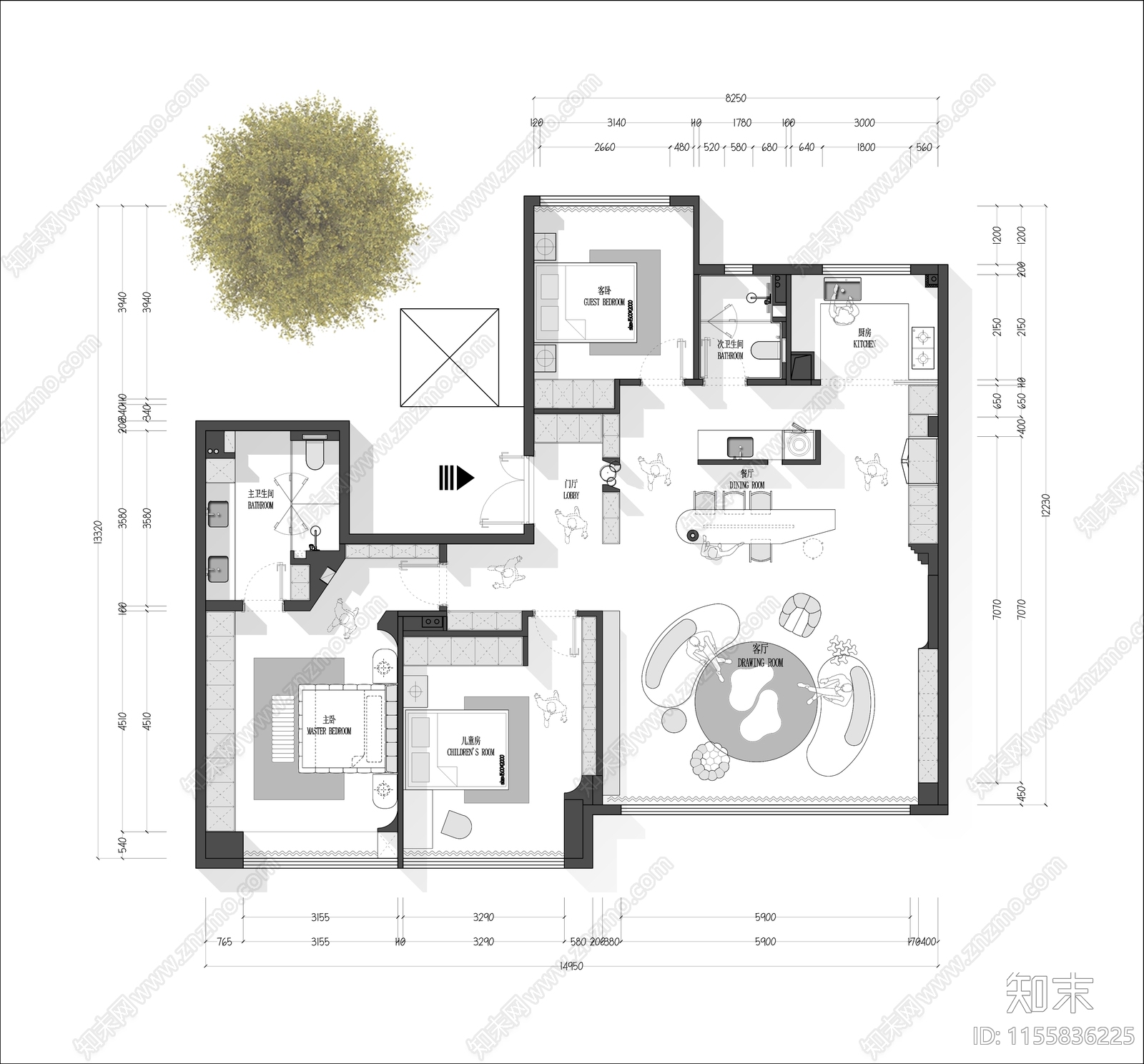 现代风格大平层效果施工图下载【ID:1155836225】