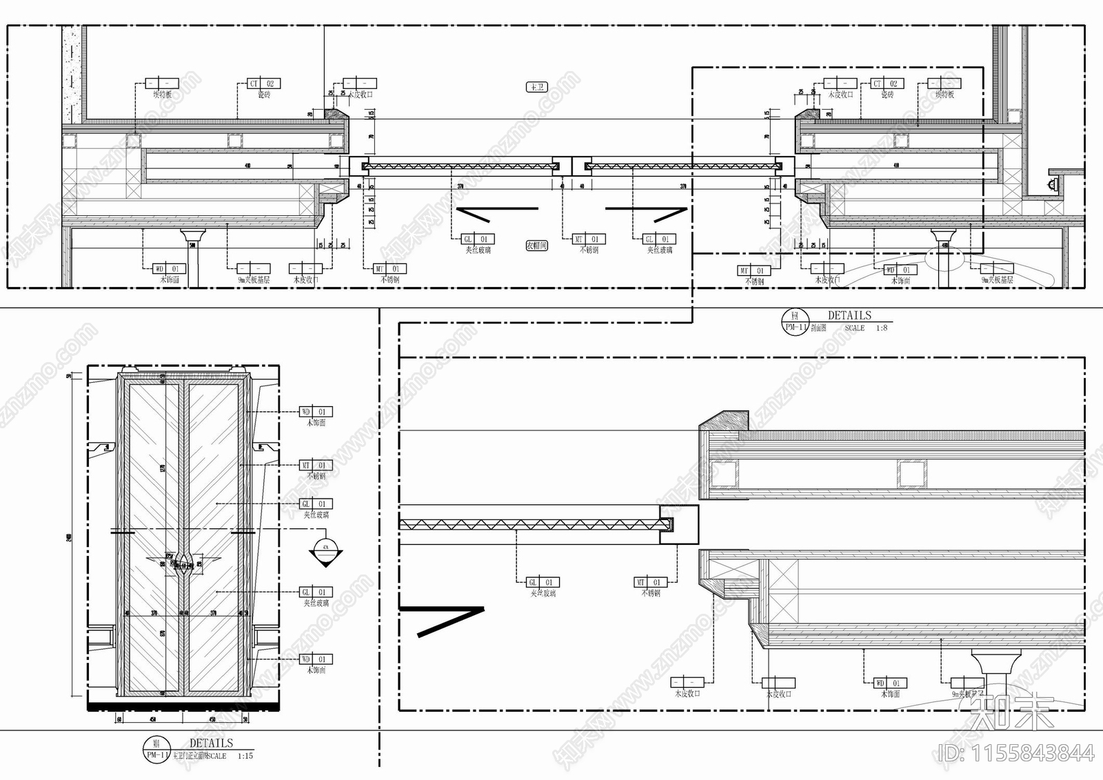 入墙式玻璃滑门套装门施工大样详图cad施工图下载【ID:1155843844】