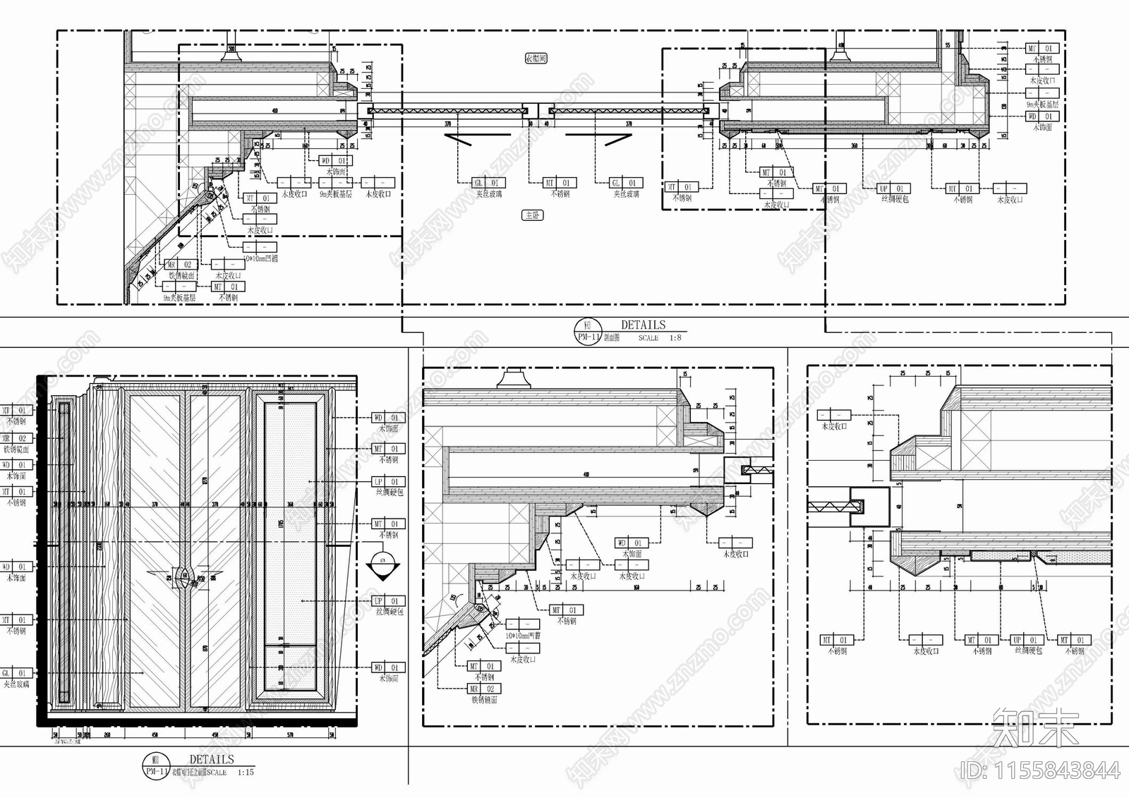 入墙式玻璃滑门套装门施工大样详图cad施工图下载【ID:1155843844】