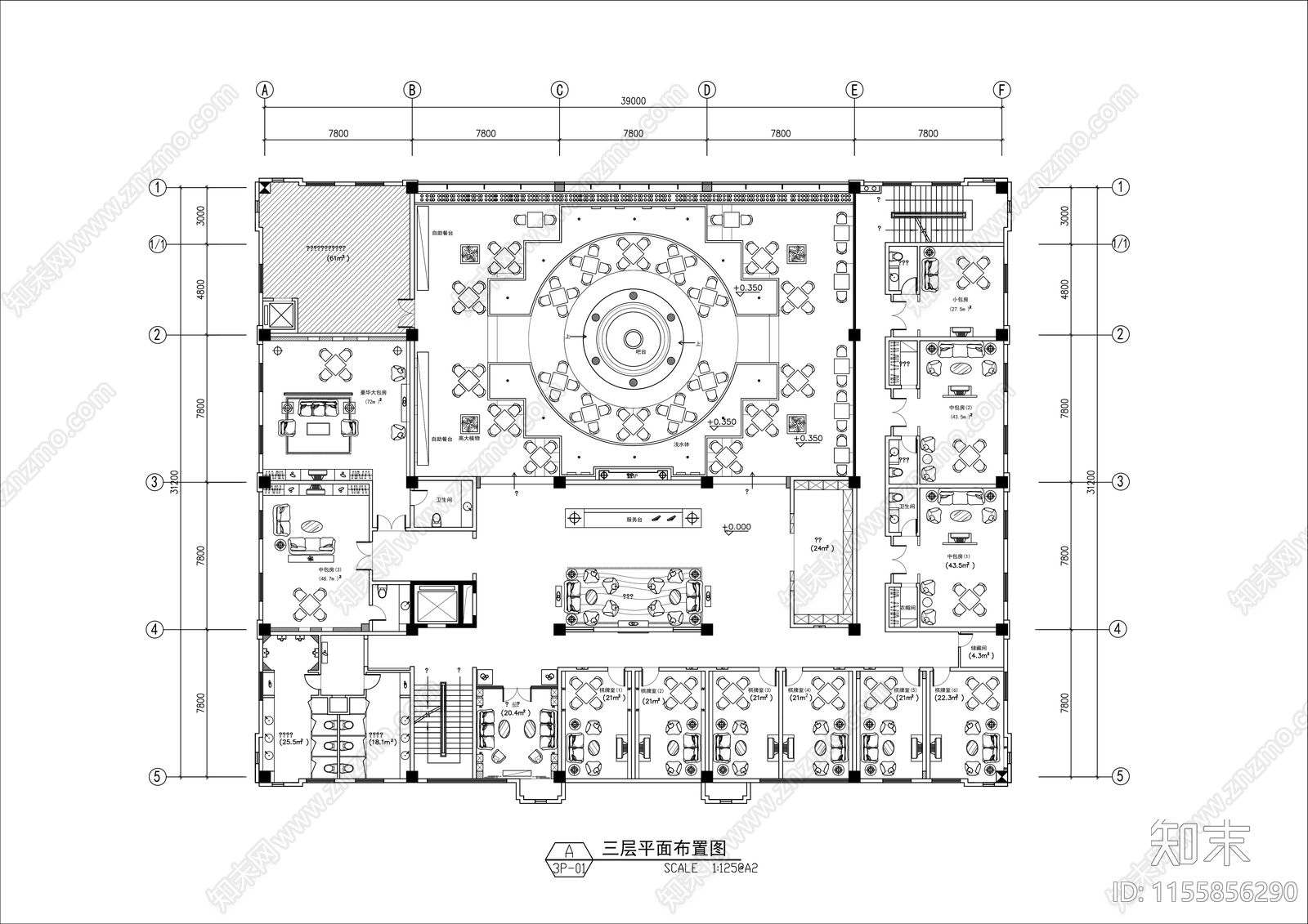 1200㎡茶楼棋牌会所平面布置图cad施工图下载【ID:1155856290】