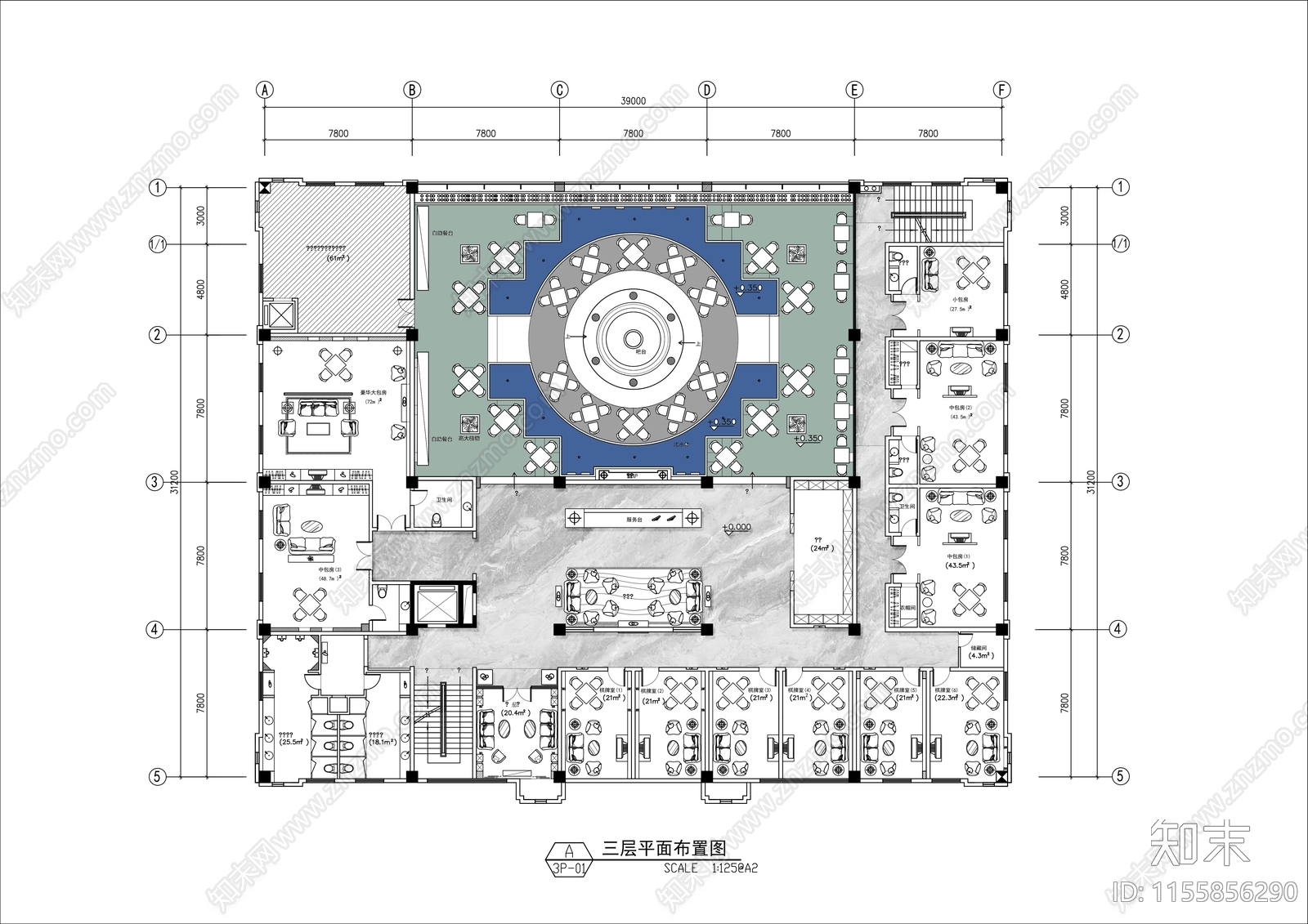 1200㎡茶楼棋牌会所平面布置图cad施工图下载【ID:1155856290】