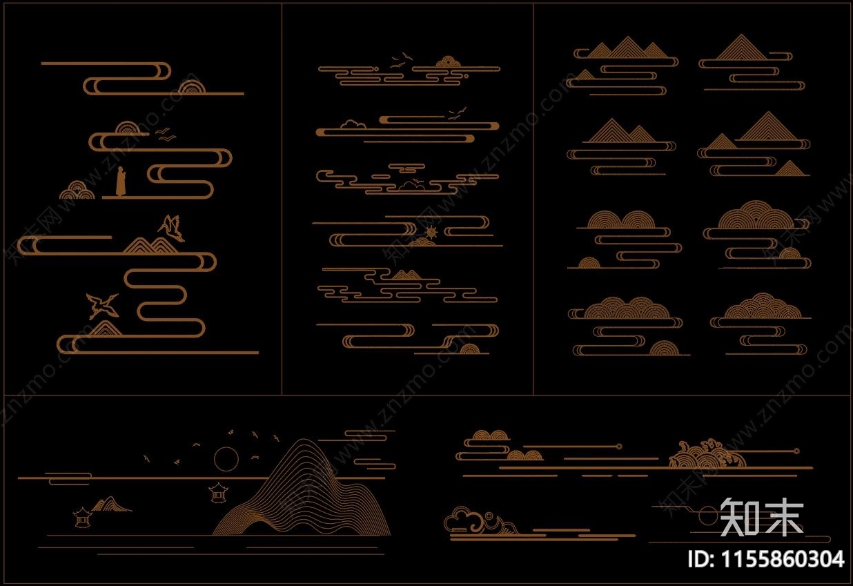 新中式禅意山形云纹装饰线条cad施工图下载【ID:1155860304】