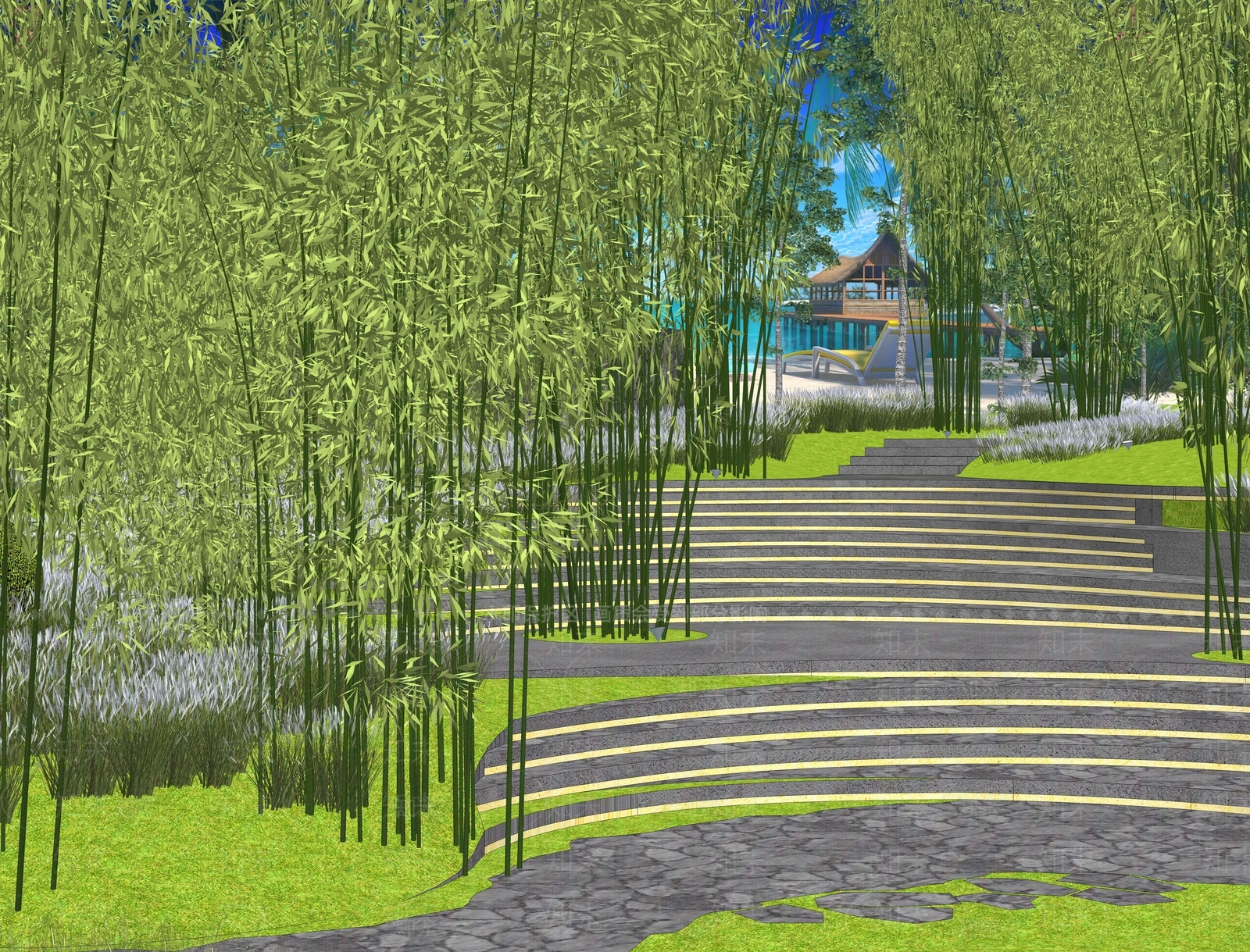 现代竹林夹道台阶景观SU模型下载【ID:1155862326】