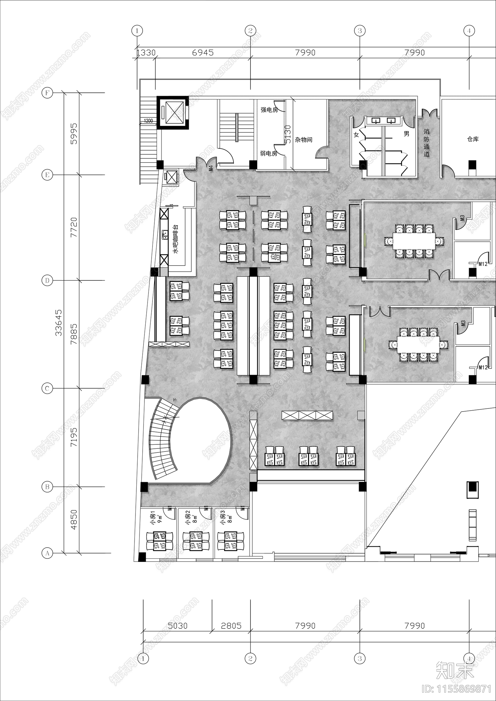 600㎡西餐厅平面布置图施工图下载【ID:1155869871】