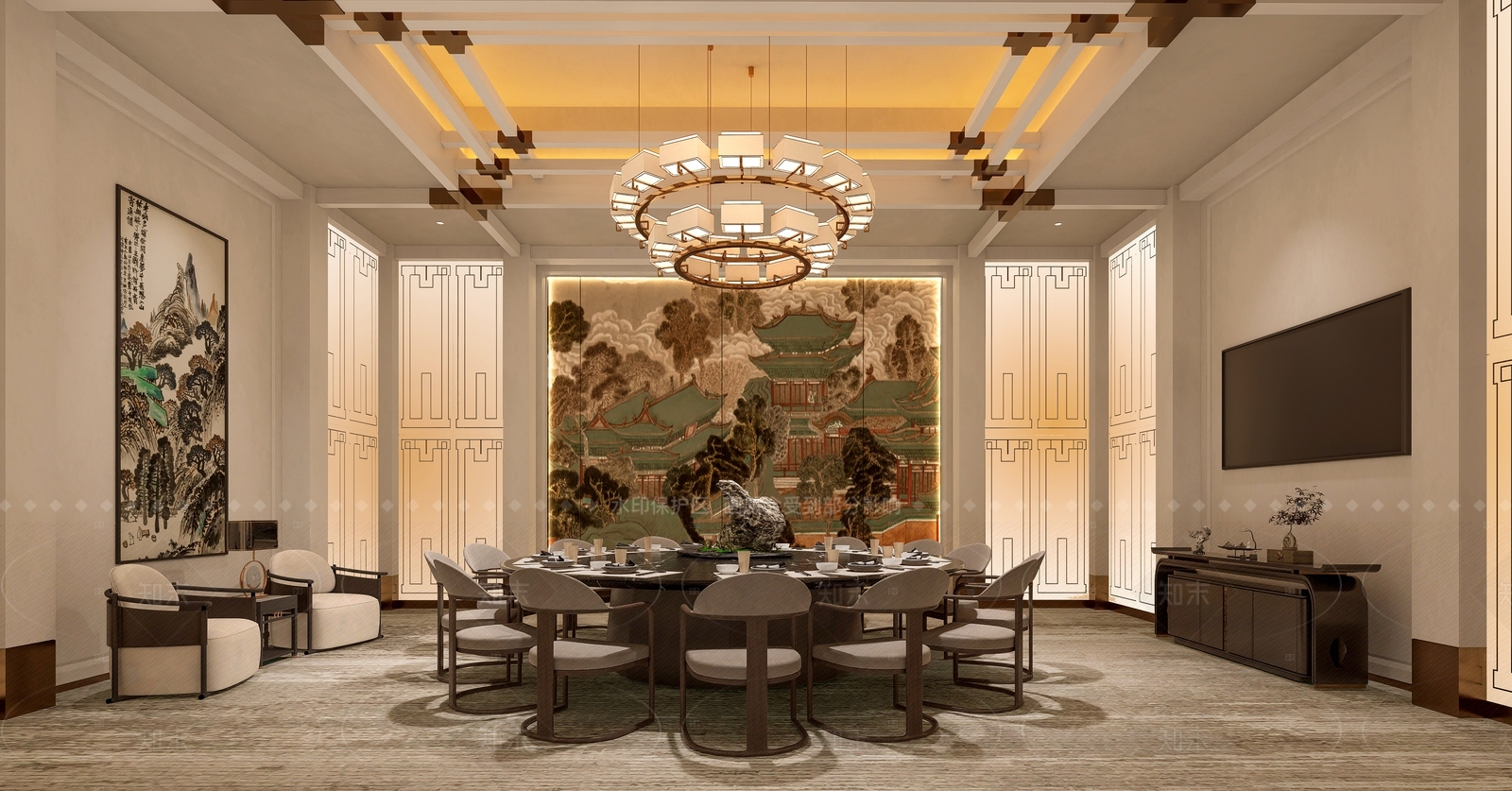 新中式中餐厅包房SU模型下载【ID:1155885829】