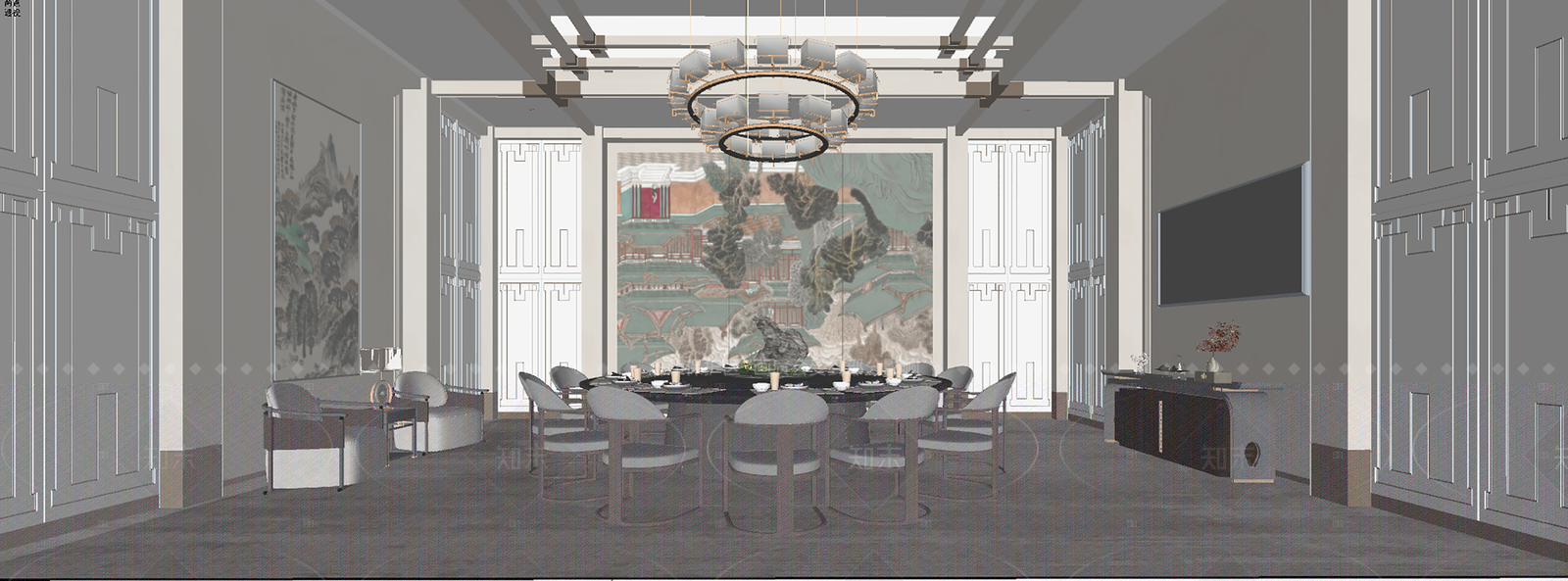 新中式中餐厅包房SU模型下载【ID:1155885829】