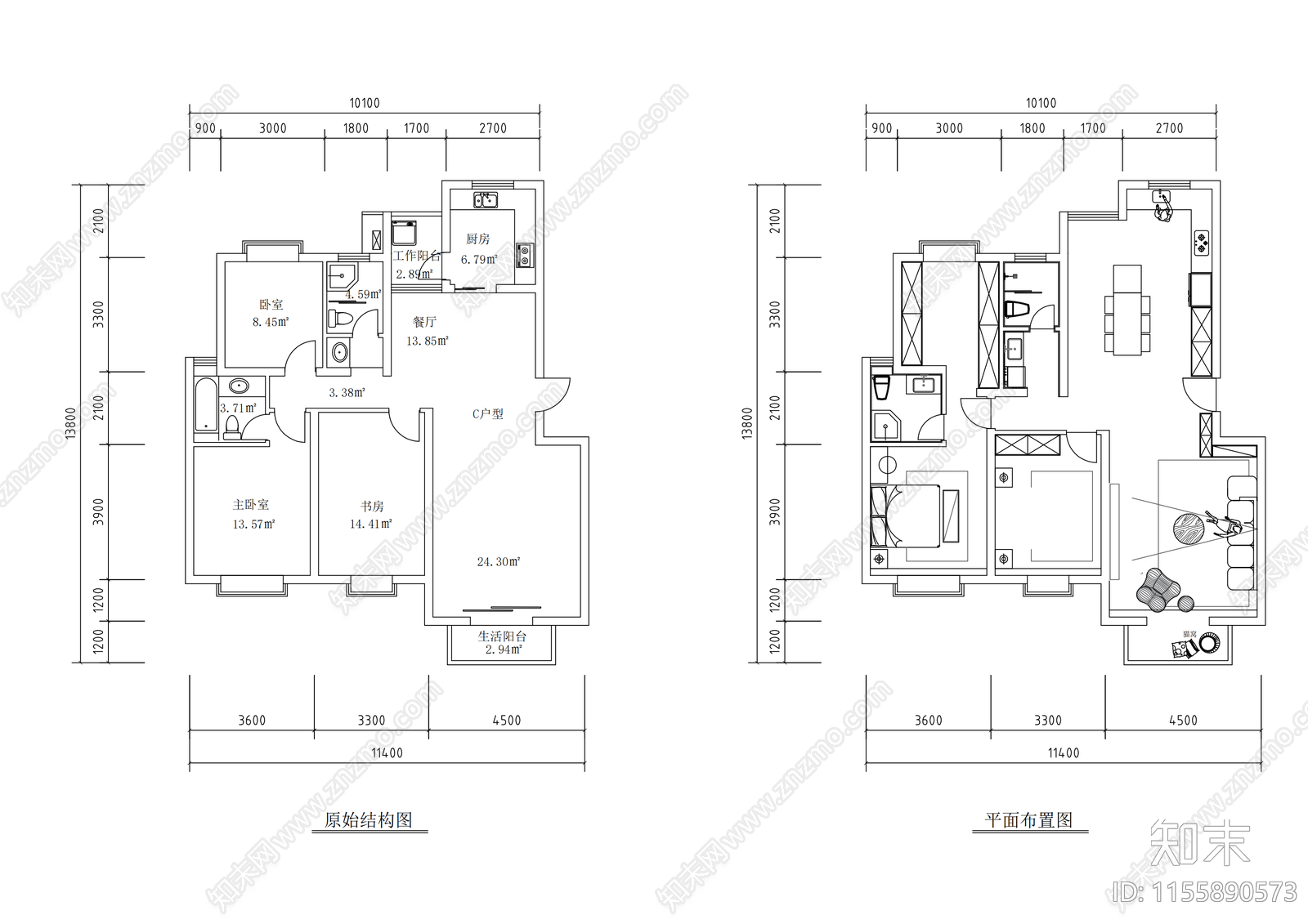 两居室平立面设计cad施工图下载【ID:1155890573】