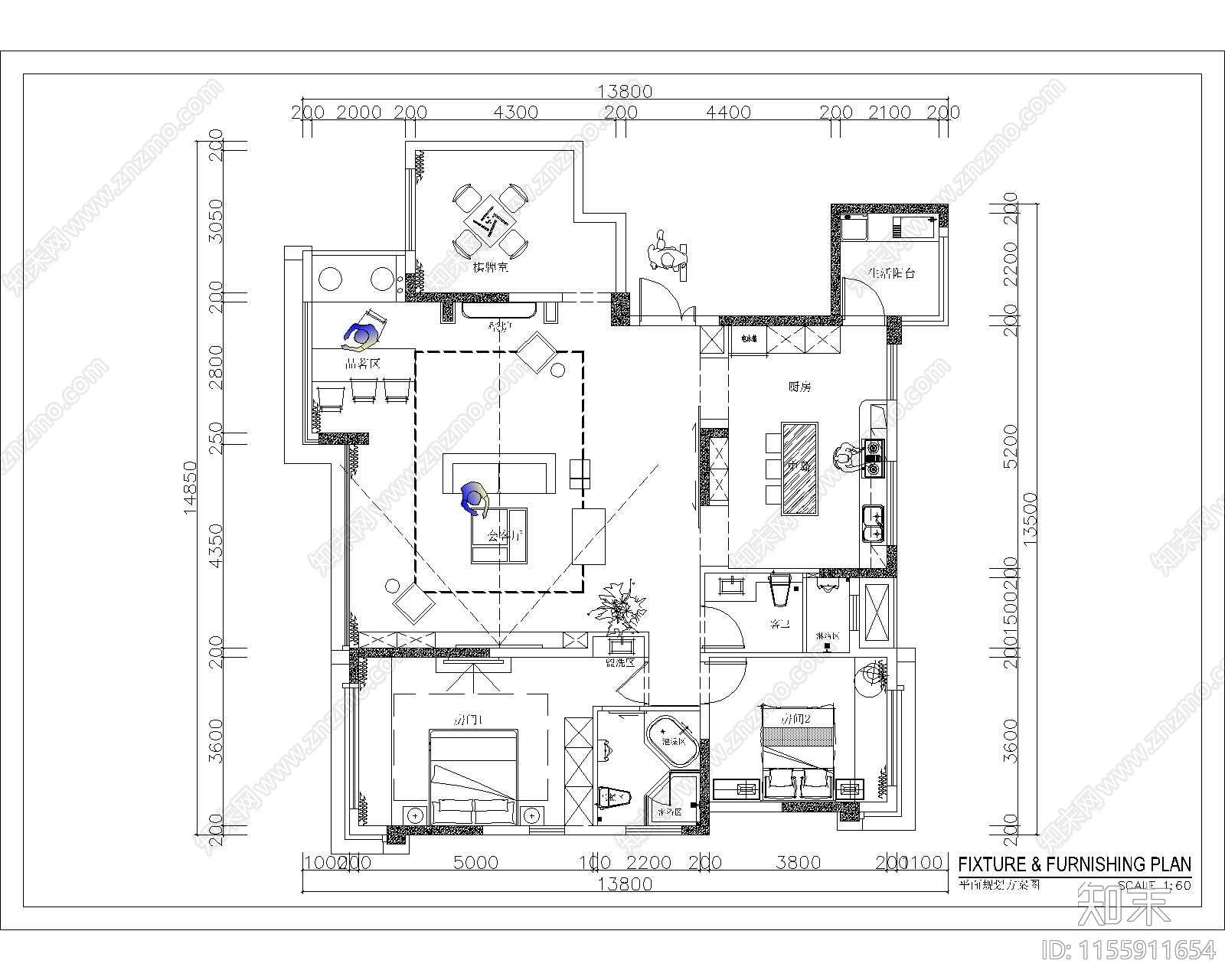 150m²大平层改民宿cad施工图下载【ID:1155911654】