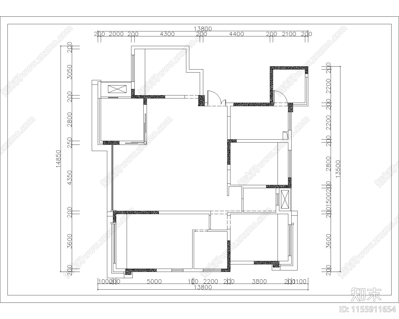 150m²大平层改民宿cad施工图下载【ID:1155911654】