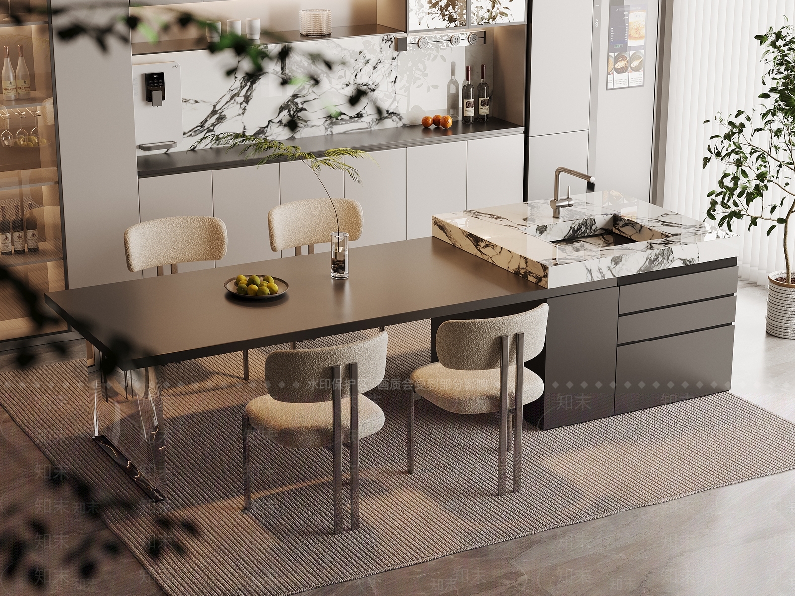 现代中岛台餐桌椅组合3D模型下载【ID:1155926131】