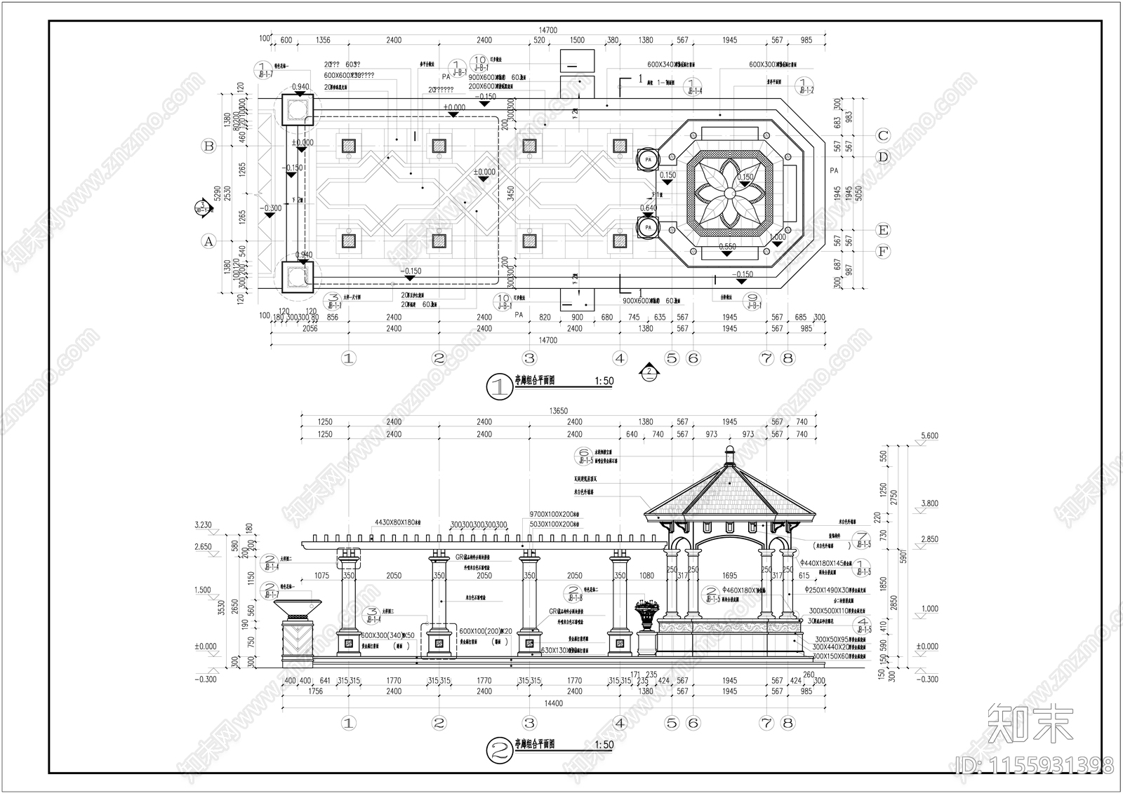 亭廊组合施工详图cad施工图下载【ID:1155931398】