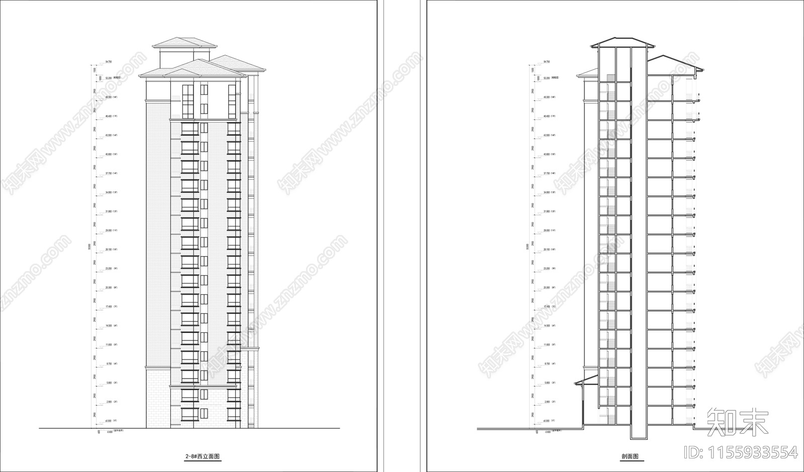 住宅塔楼平立剖面图cad施工图下载【ID:1155933554】