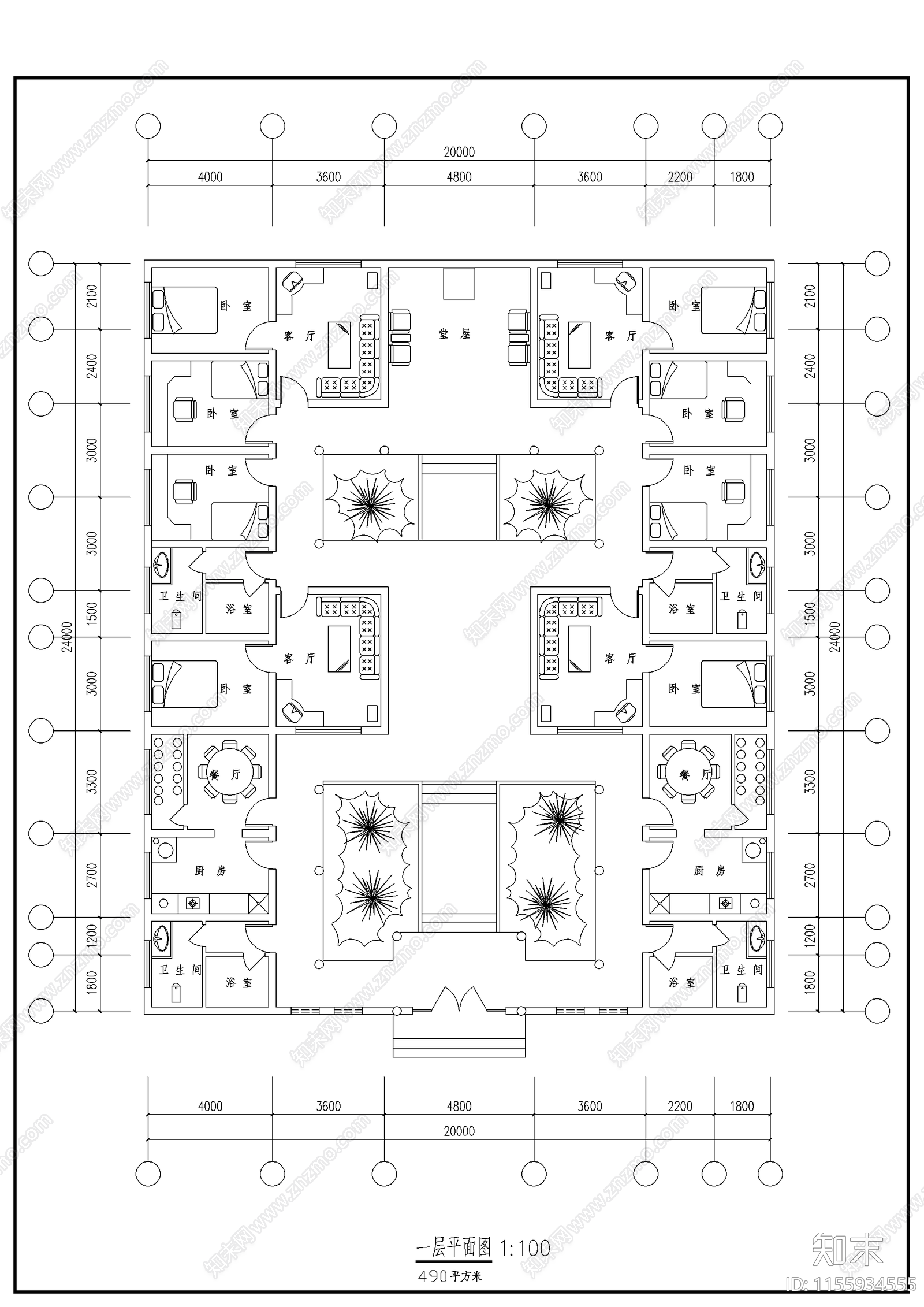 四合院建筑cad施工图下载【ID:1155934555】