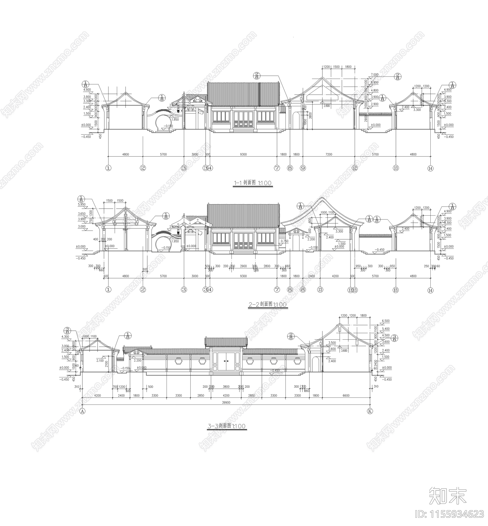 四合院3cad施工图下载【ID:1155934623】