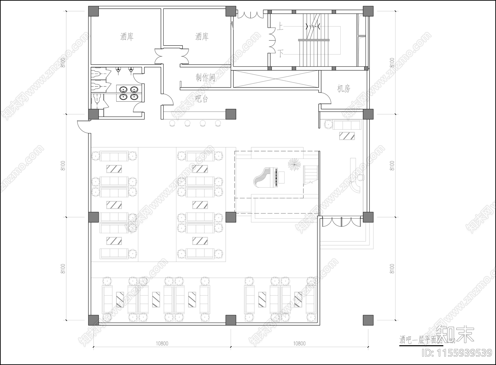 酒吧平面图cad施工图下载【ID:1155939539】