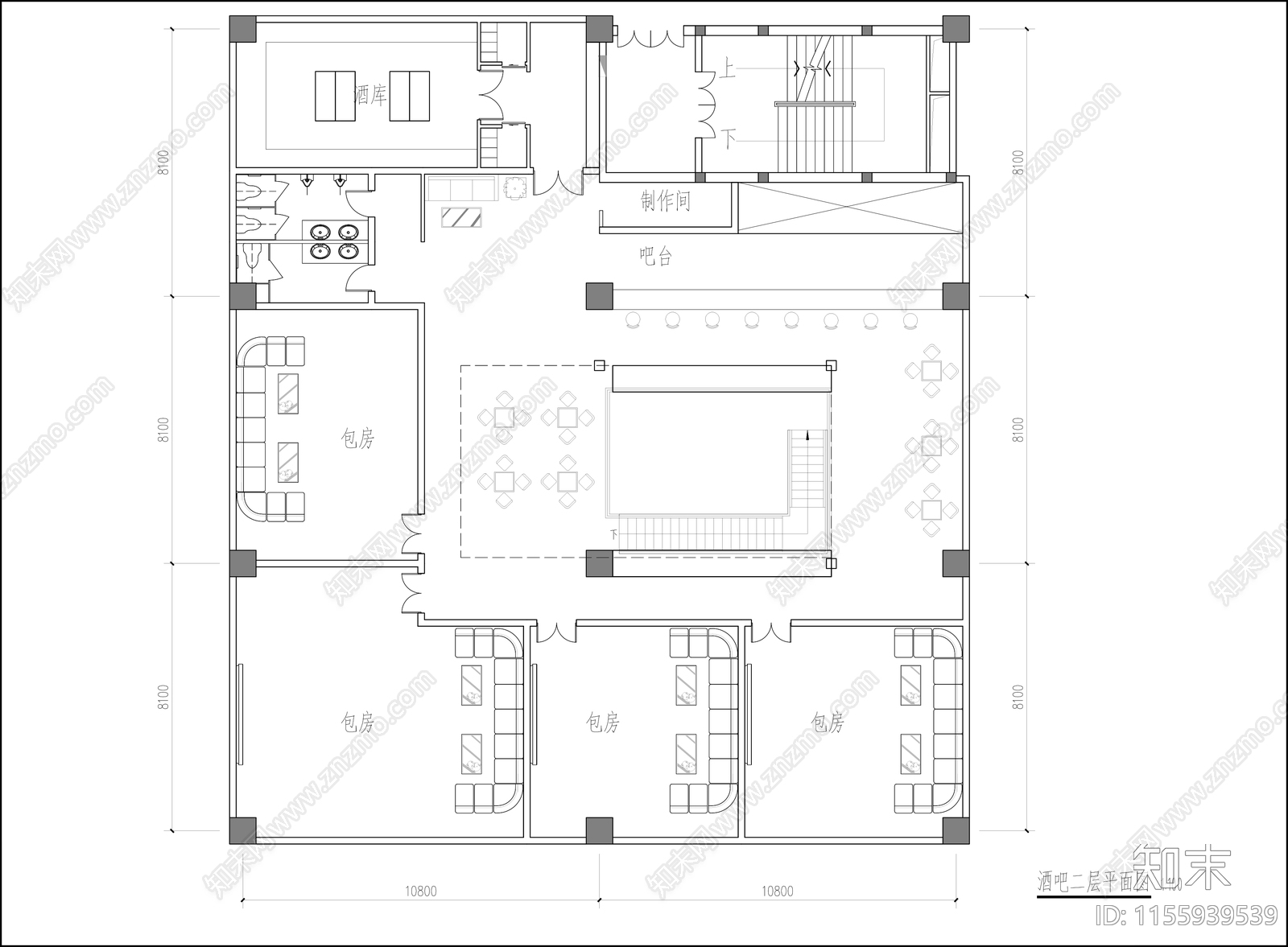 酒吧平面图cad施工图下载【ID:1155939539】