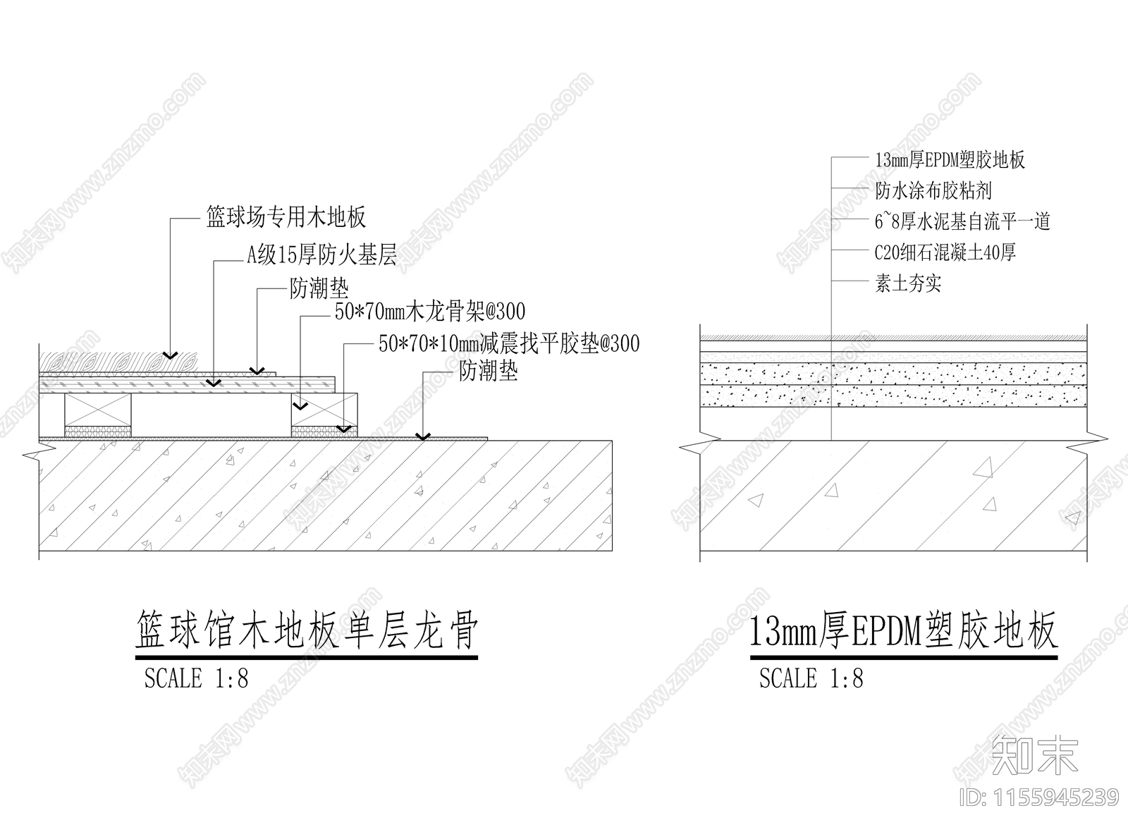 篮球场地板做法cad施工图下载【ID:1155945239】