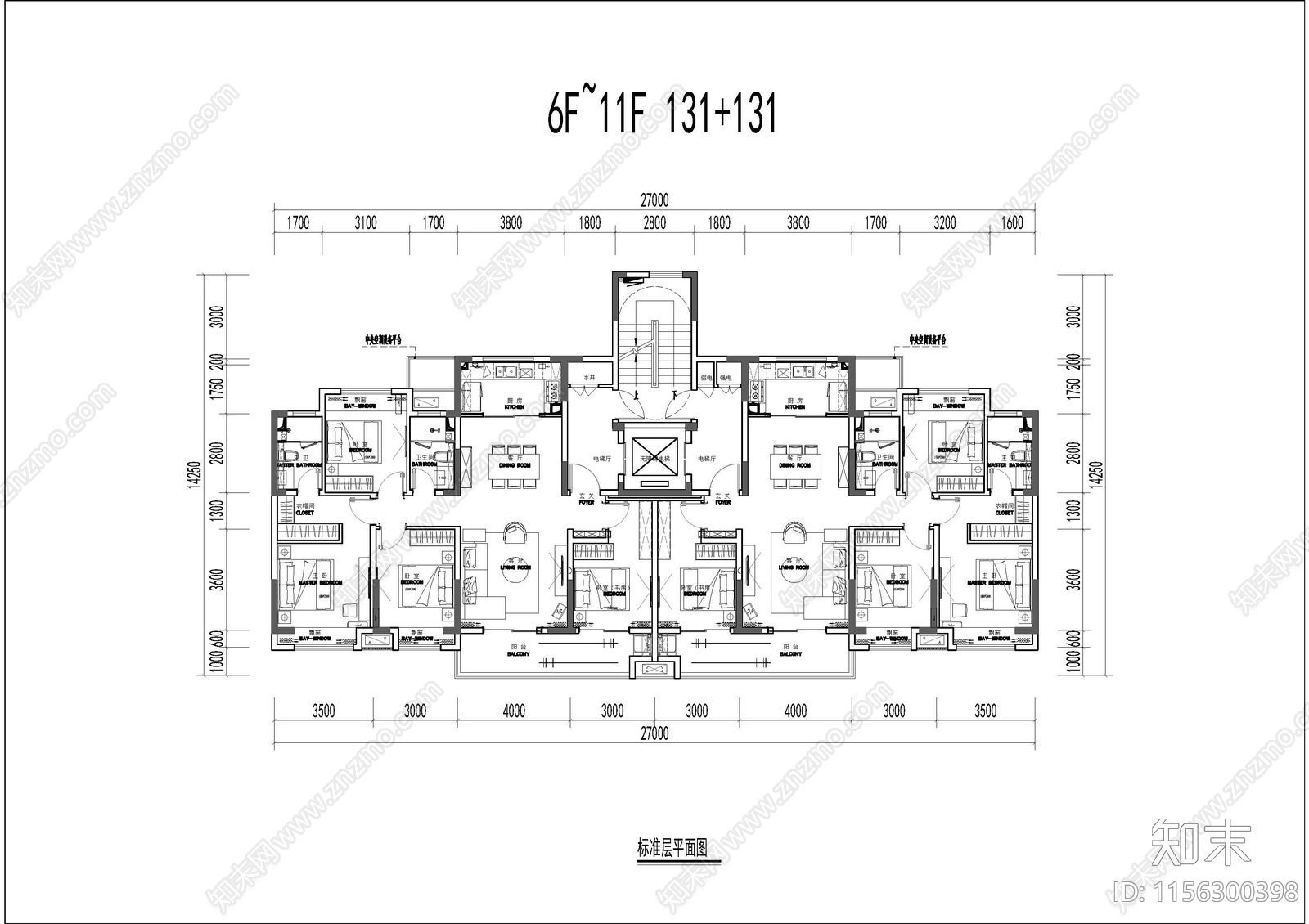131平T2户型平面cad施工图下载【ID:1156300398】