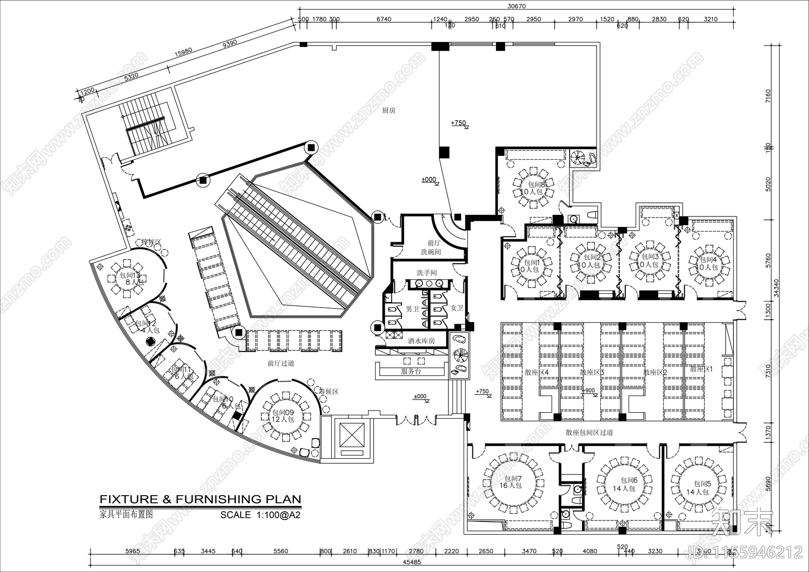 700㎡港式餐厅平面布置图cad施工图下载【ID:1155946212】