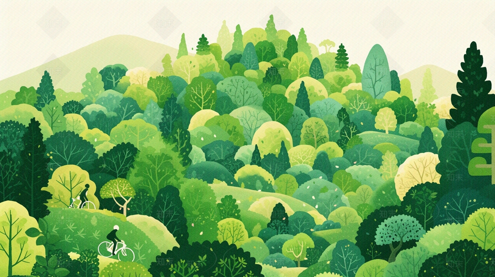 卡通人物在森林中悠闲骑行壁纸壁画贴图下载【ID:1155971935】