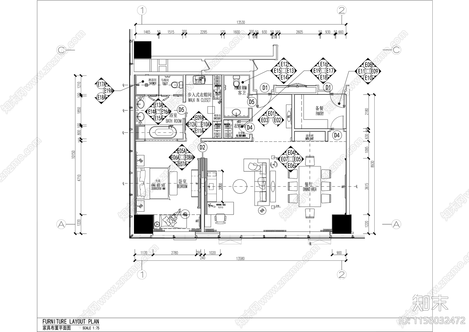 希尔顿酒店豪华家庭套间室内精装修cad施工图下载【ID:1156032472】