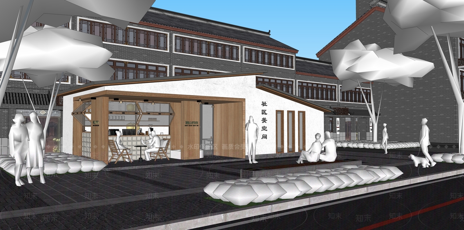 新中式社区盒子咖啡厅SU模型下载【ID:1155980601】