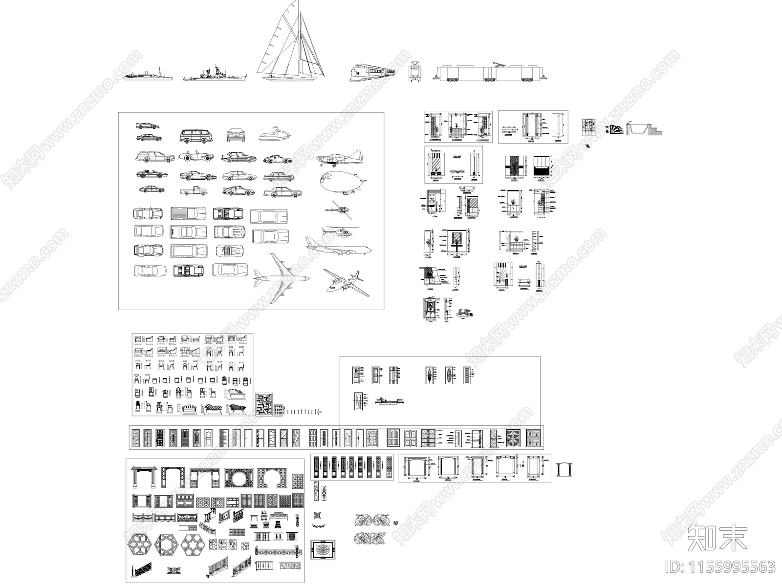 中式构件经典元素集合图库cad施工图下载【ID:1155995563】