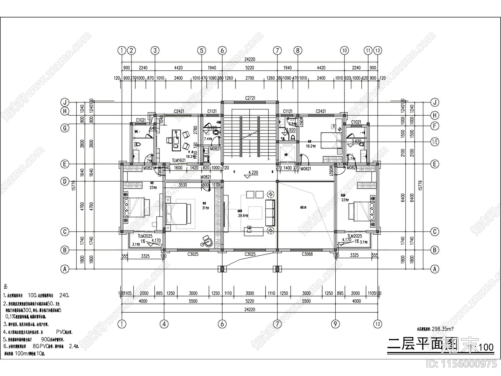 新中式三层独栋别墅建筑施工图下载【ID:1156000975】