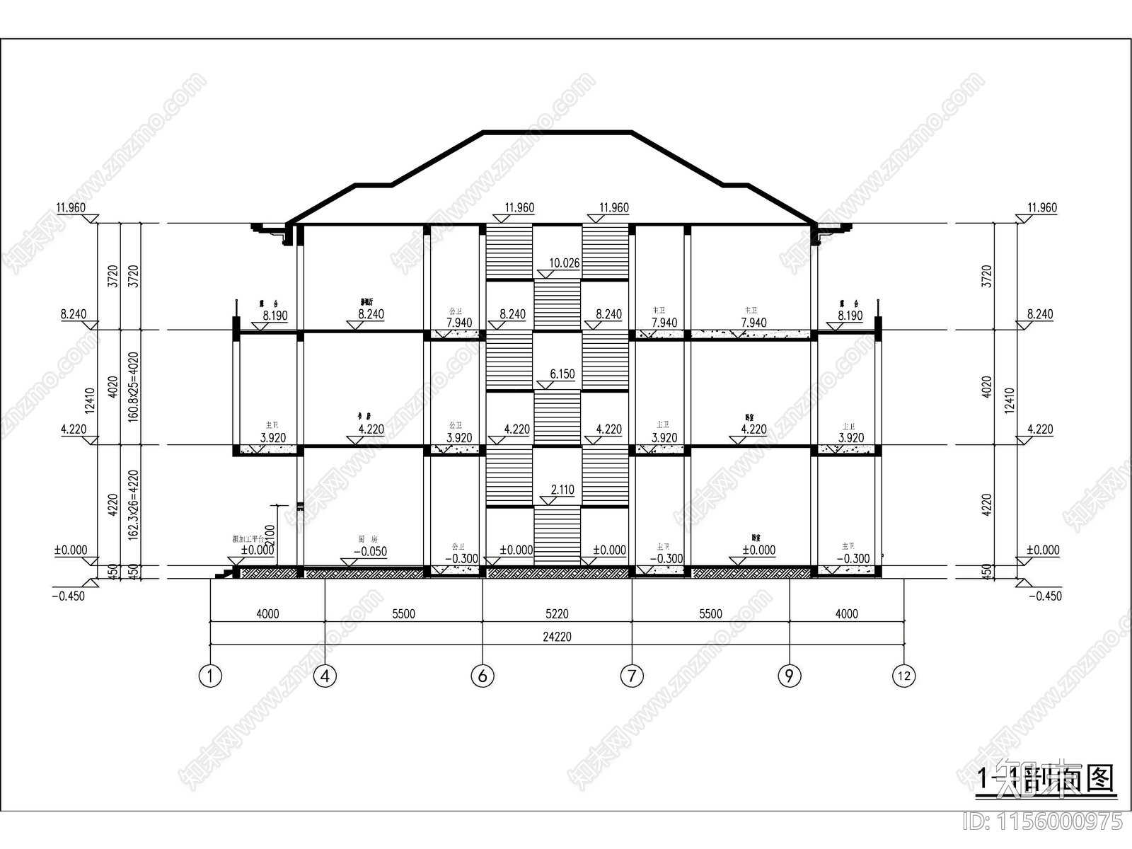 新中式三层独栋别墅建筑施工图下载【ID:1156000975】