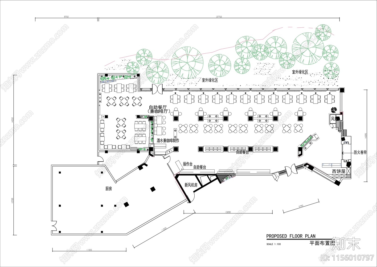 600㎡特色自助餐厅平面布置图cad施工图下载【ID:1156010797】