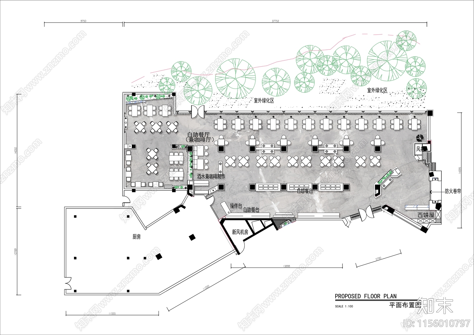 600㎡特色自助餐厅平面布置图cad施工图下载【ID:1156010797】