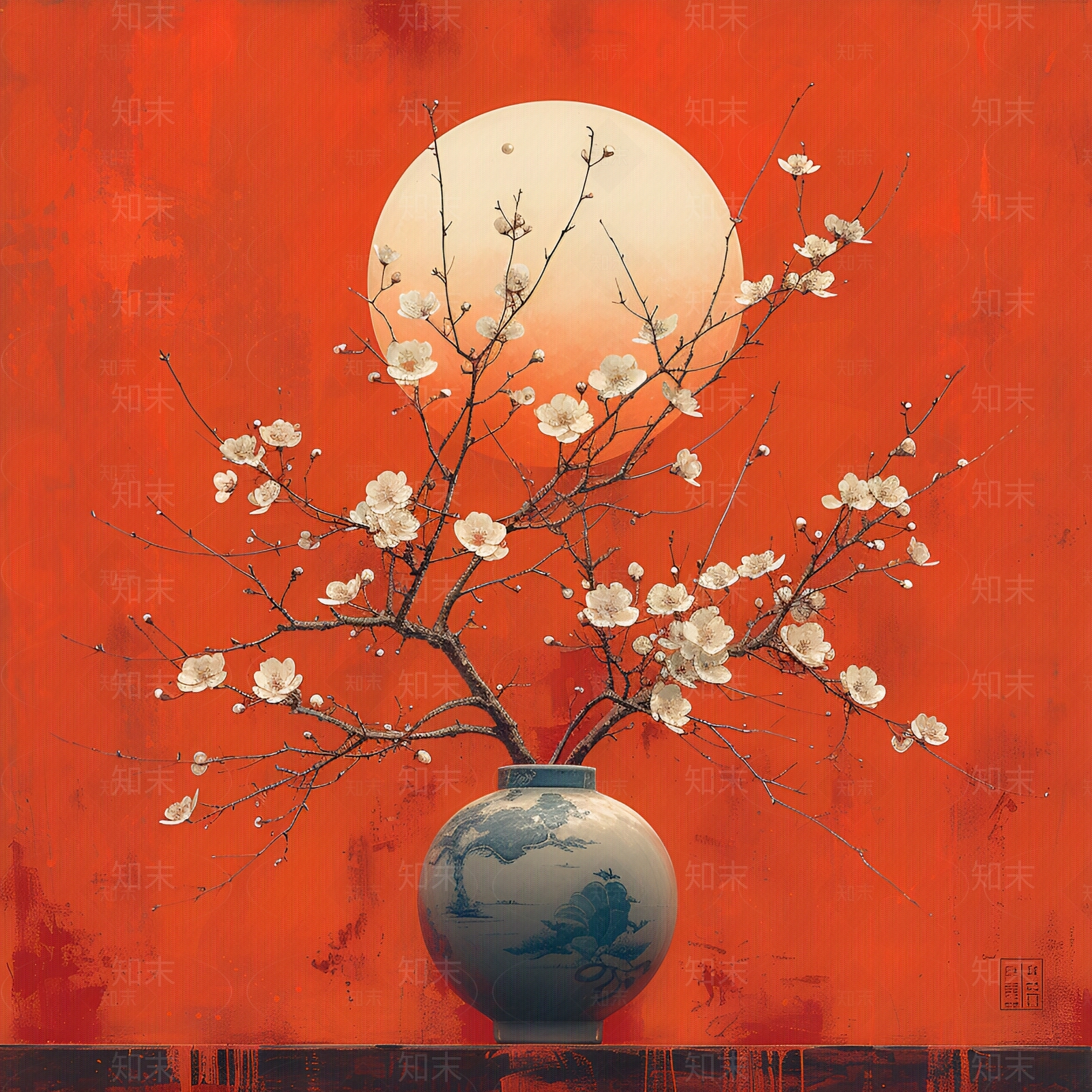 中式花瓶中白梅盛开装饰画贴图下载【ID:1156012191】