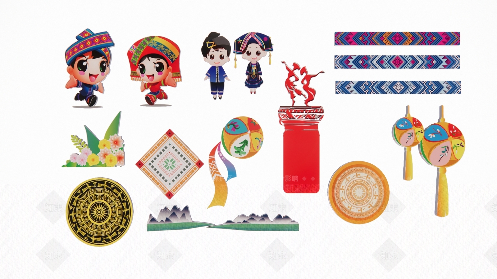 2D现代卡通三月三铜鼓绣球花纹卡通人物壮族服饰剪影3D模型下载【ID:1156118638】