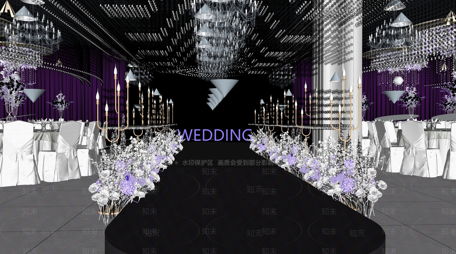 现代紫色水晶宴会厅SU模型下载【ID:1156020153】