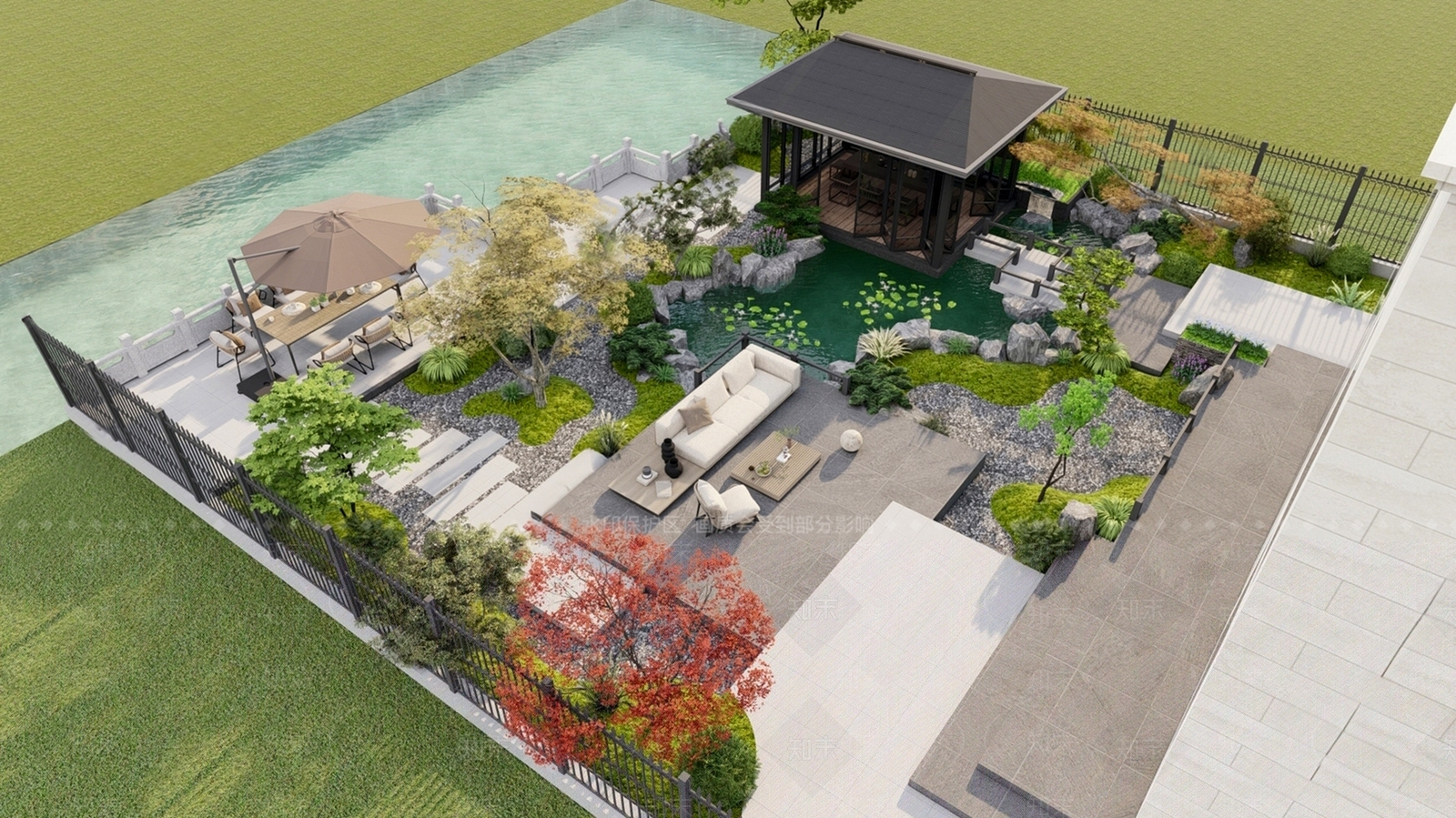 新中式庭院花园3D模型下载【ID:1156025296】