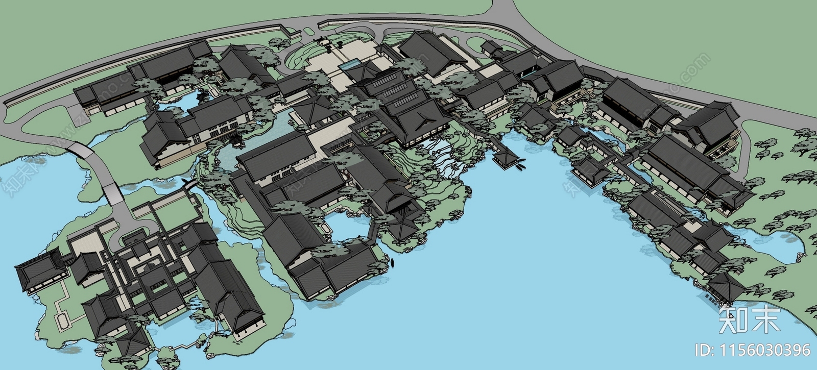 中式度假村鸟瞰SU模型下载【ID:1156030396】