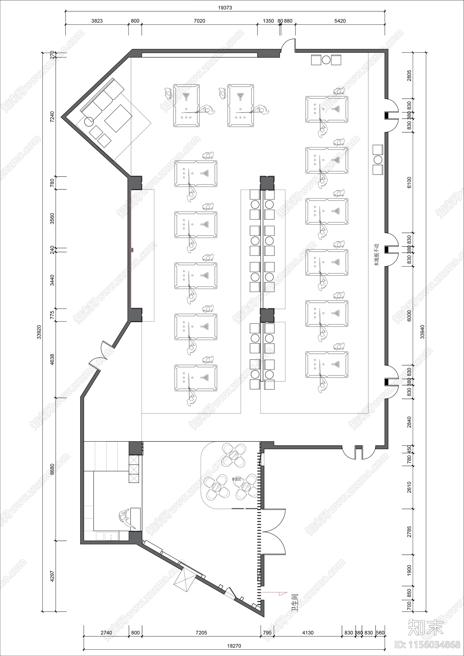 400㎡台球厅平面布置图cad施工图下载【ID:1156034868】