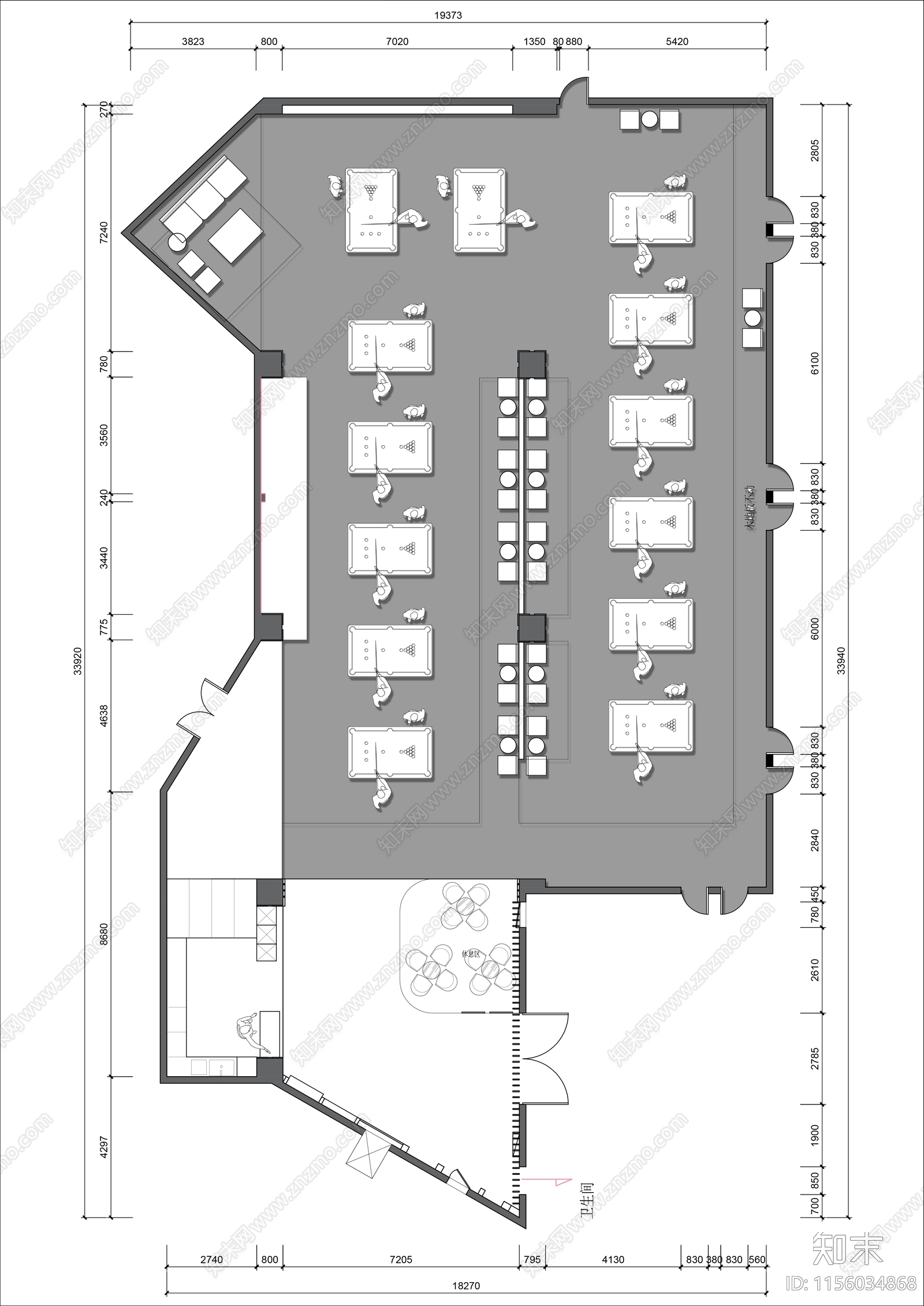 400㎡台球厅平面布置图cad施工图下载【ID:1156034868】