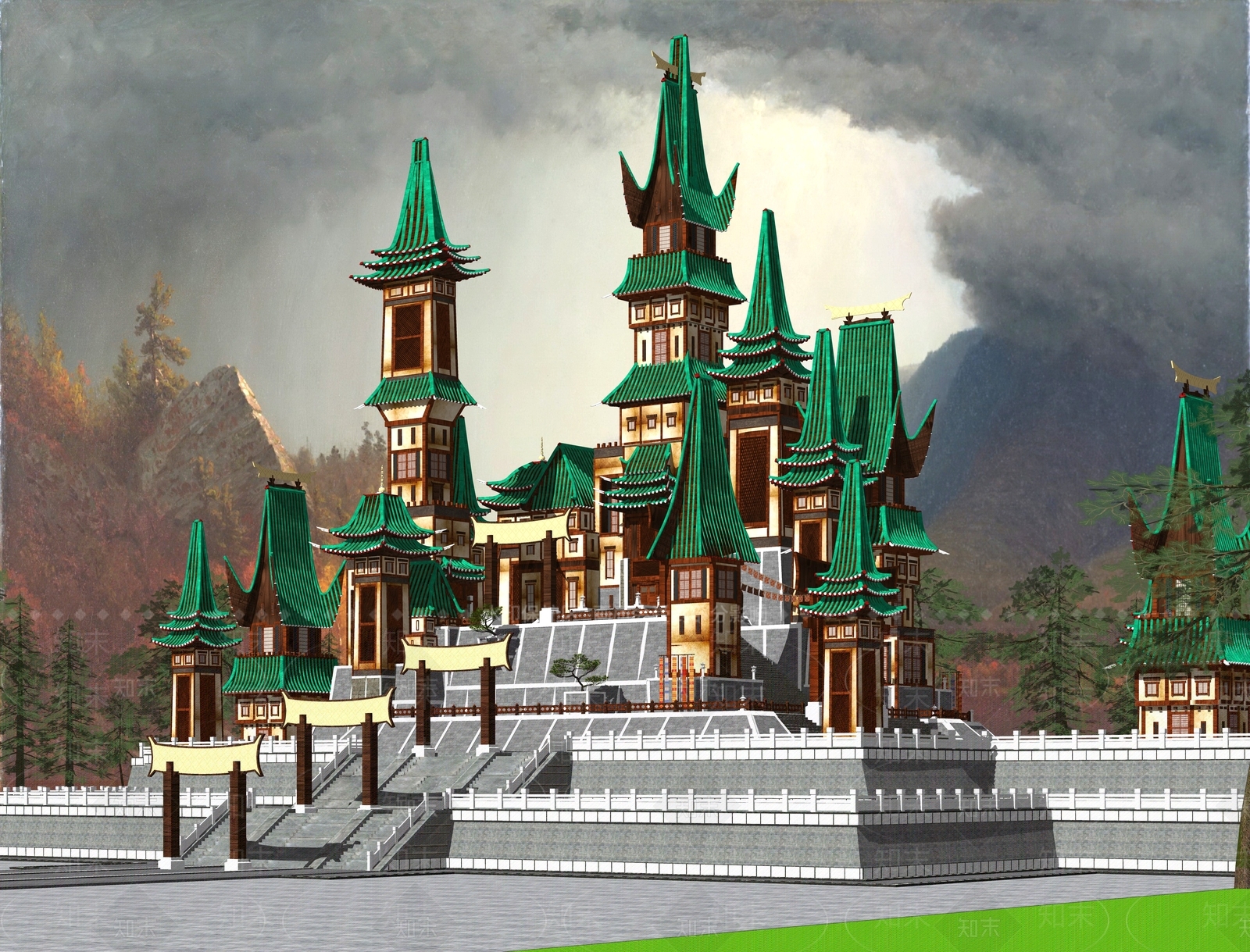 中式魔幻城堡阁楼影视城游戏布景SU模型下载【ID:1156043146】