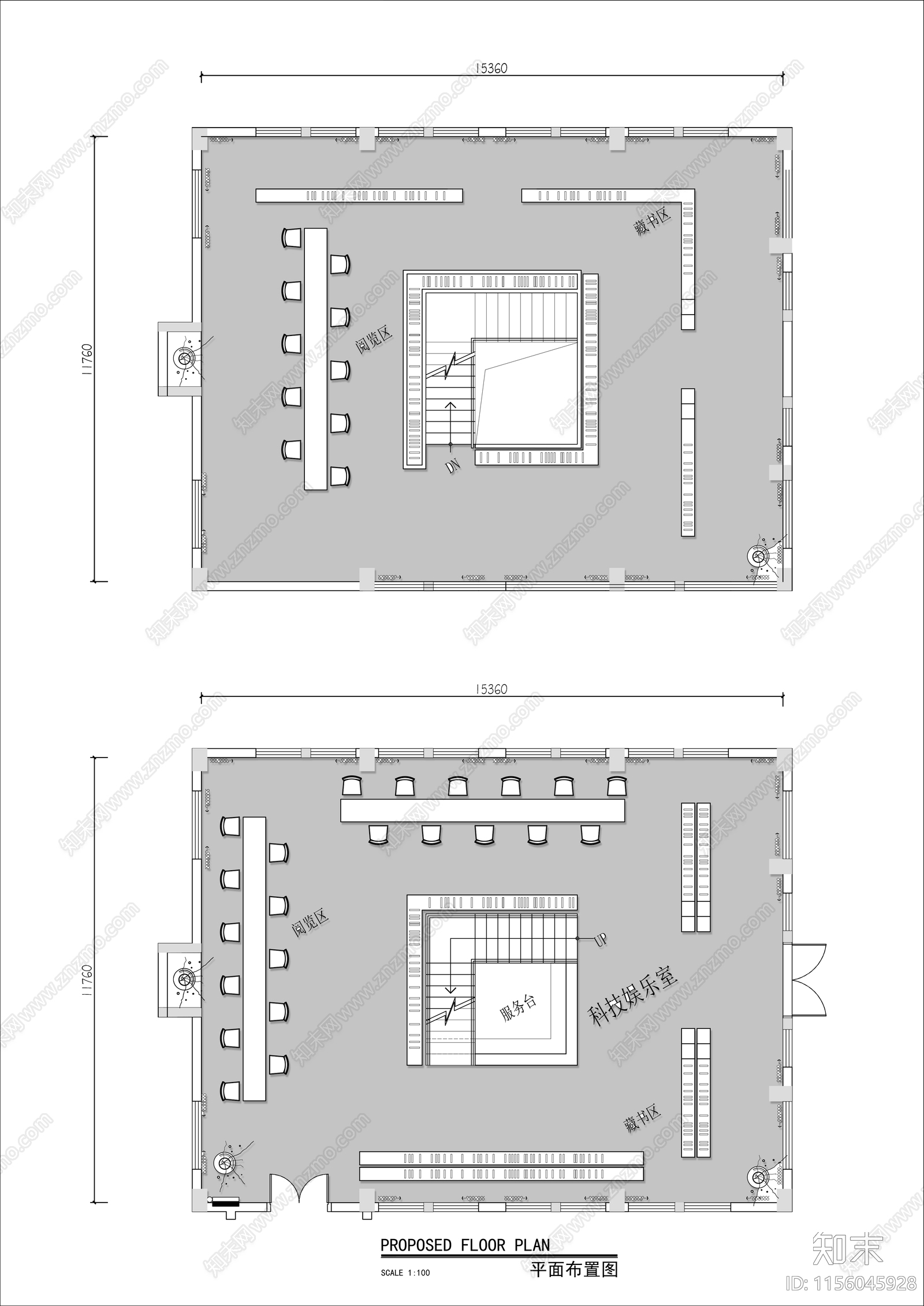 300㎡两层图书馆平面布置图cad施工图下载【ID:1156045928】