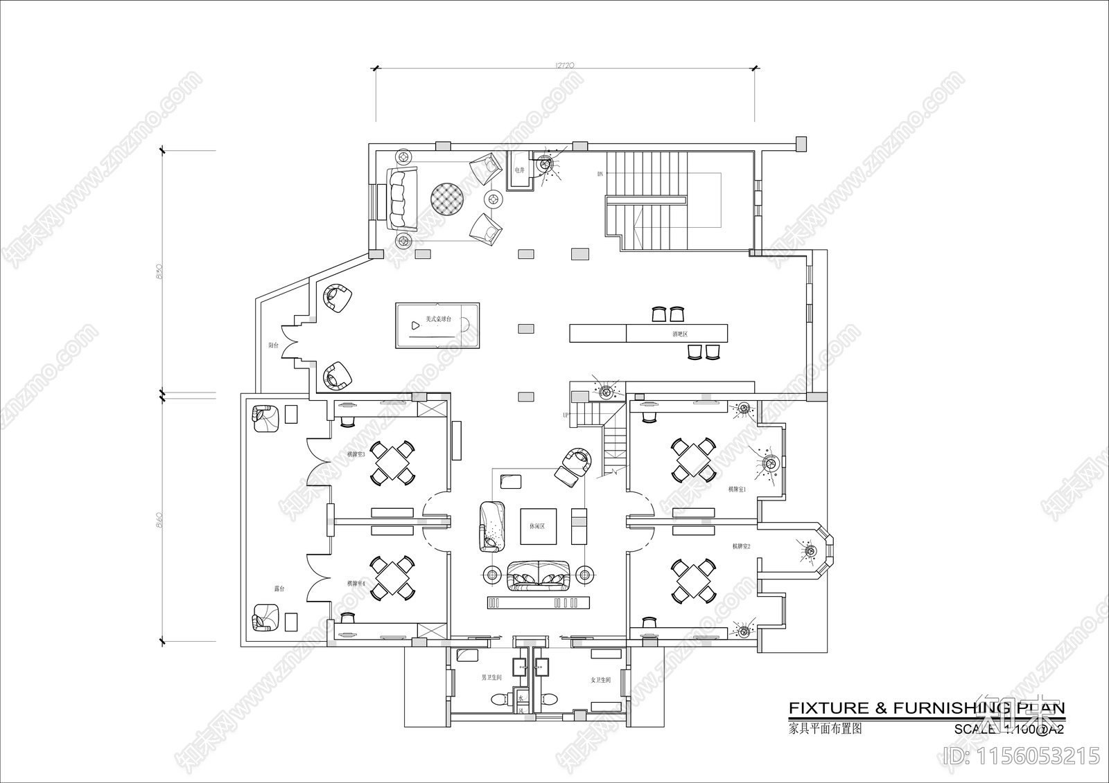 300㎡棋牌室休闲会所平面布置图cad施工图下载【ID:1156053215】